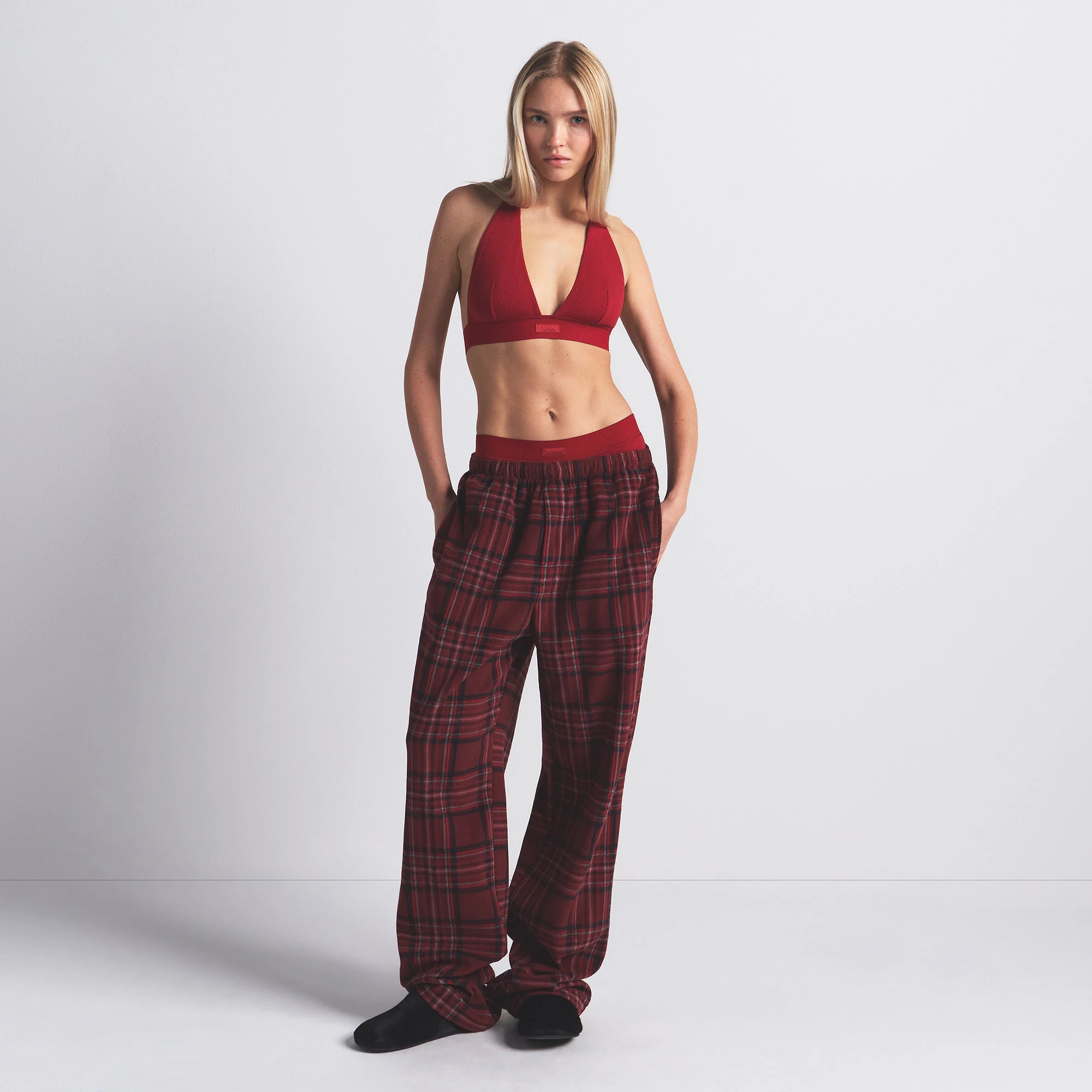 COTTON RIB HALTER BRALETTE | BRICK ON A MODEL FRONT VIEW @ | FOCUS: 0.0, 1.0, 0.9