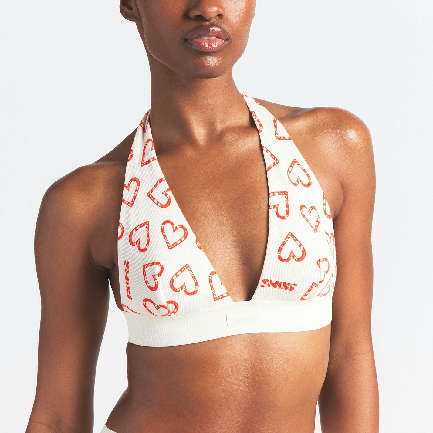 COTTON RIB HALTER BRALETTE | MARBLE CANDY HEART PRINT ON A MODEL FRONT VIEW @ | FOCUS: 0.0, 1.0, 0.9