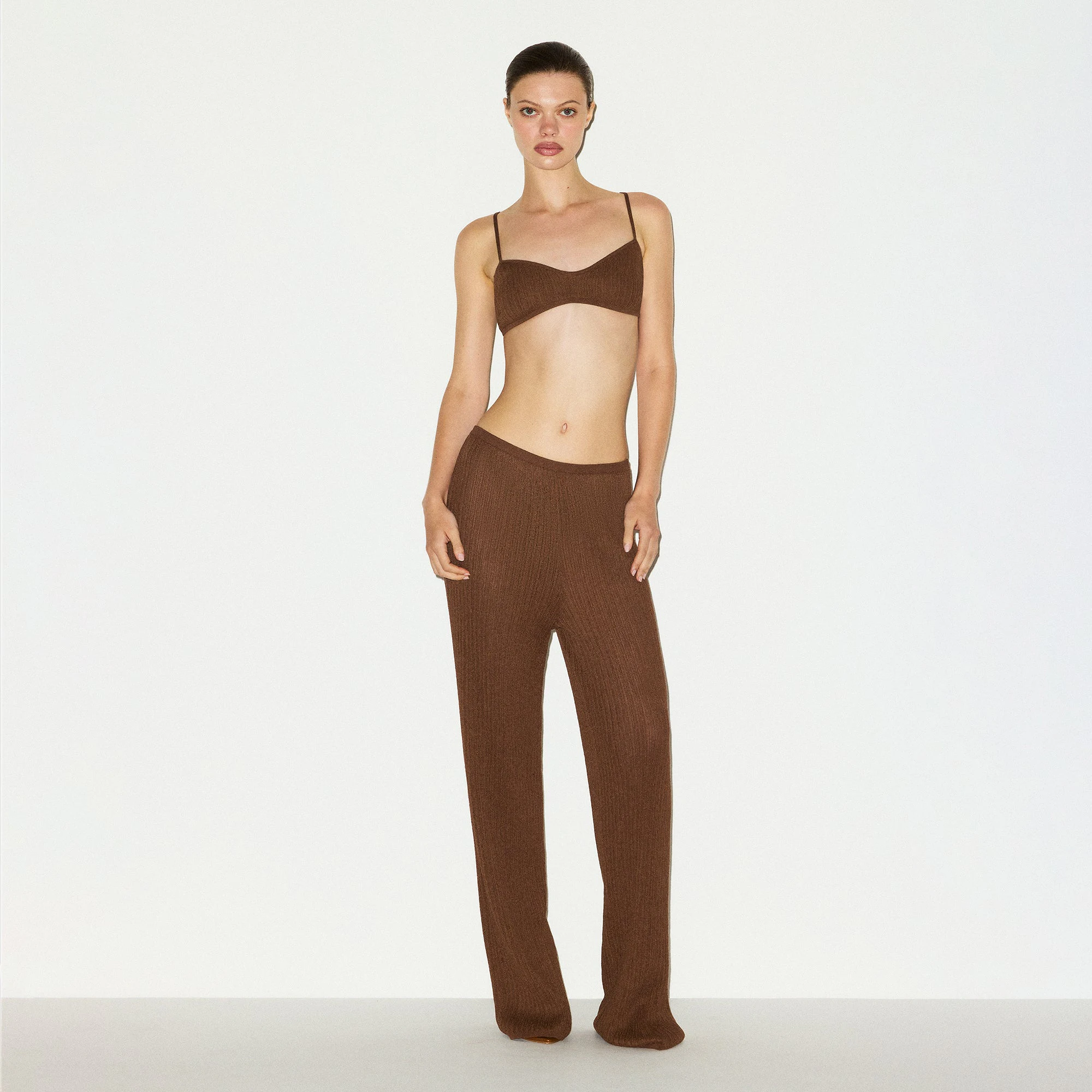 SHEER KNIT BRALETTE | BISON ON A MODEL FRONT VIEW @ | FOCUS: 0.0, 1.0, 0.9