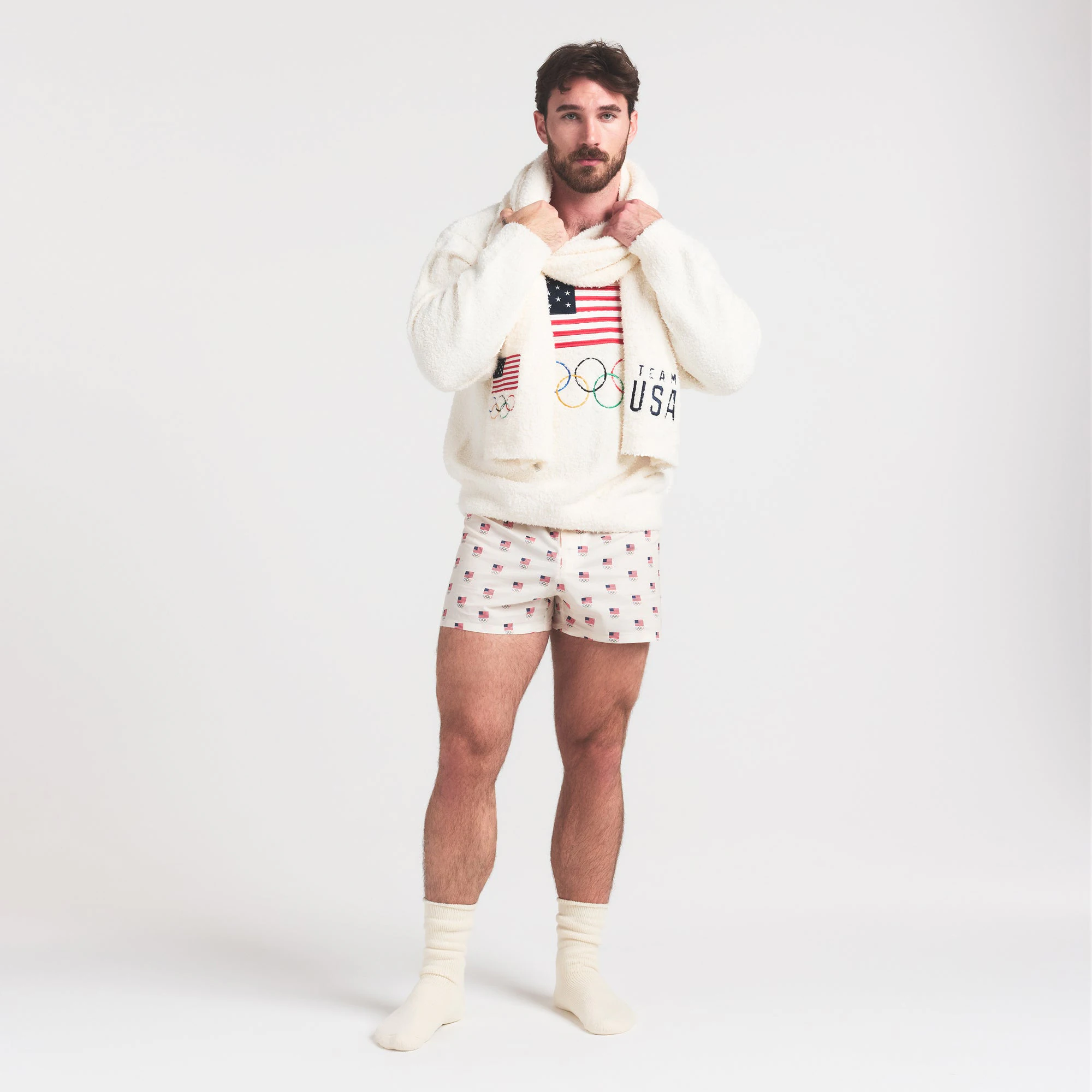 SKIMS FOR TEAM USA COZY UNISEX OLYMPIC SLEEP TOP | ECRU ON A MODEL FRONT VIEW @ | FOCUS: 0.0, 1.0, 0.9