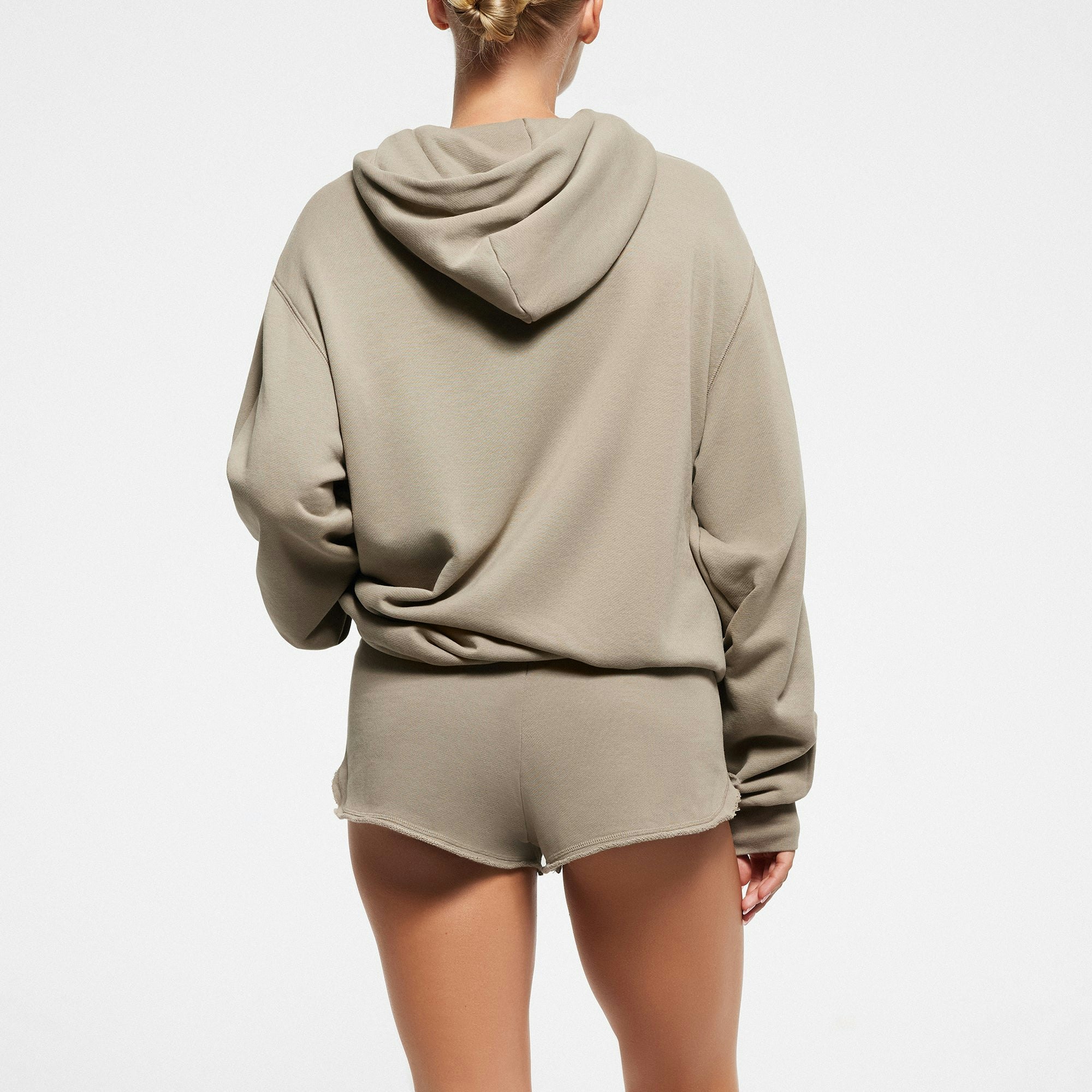 FRENCH TERRY OVERSIZED HOODIE | TAUPE ON A MODEL BACK VIEW