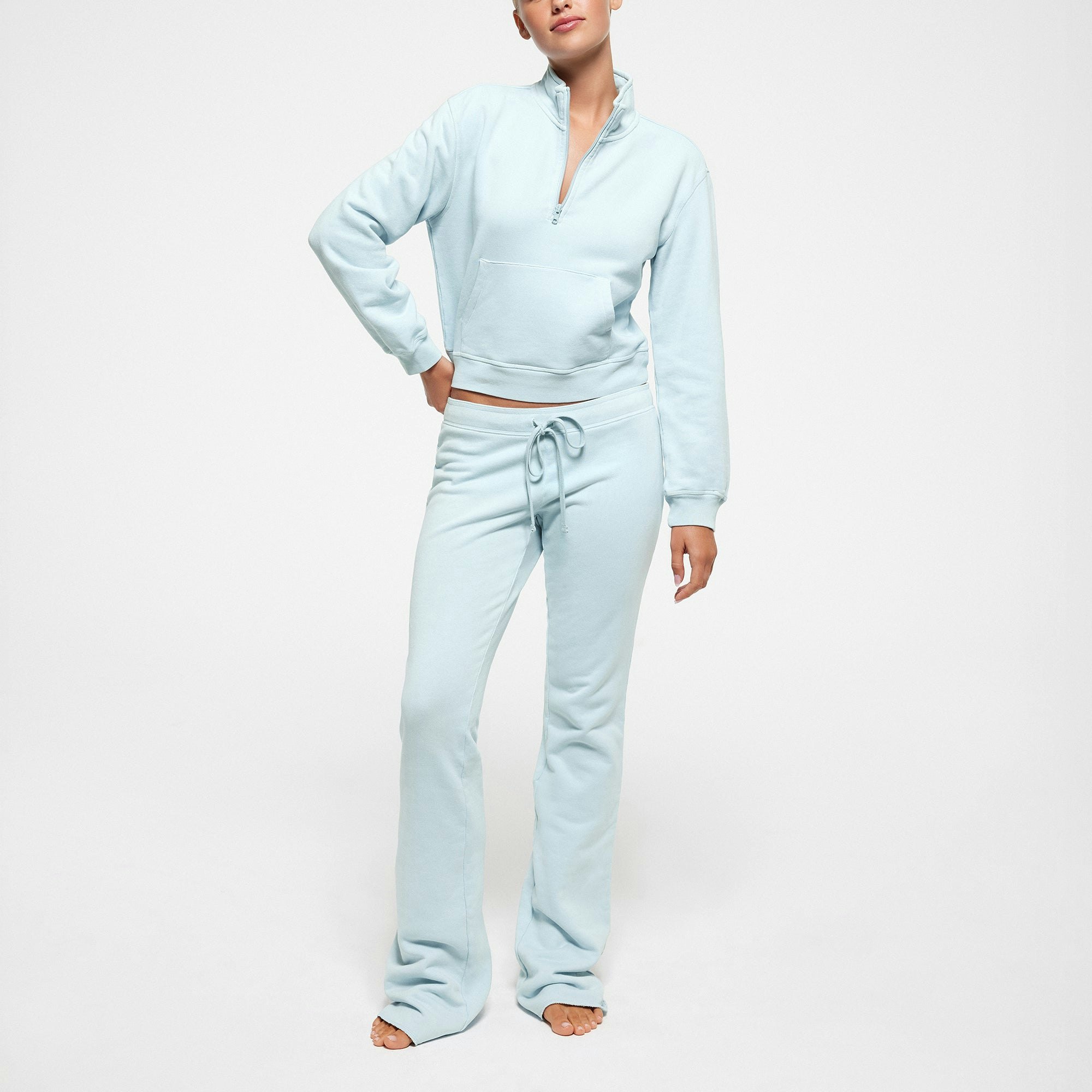 FRENCH TERRY SHRUNKEN HALF ZIP PULLOVER | OPAL ON A MODEL FRONT VIEW