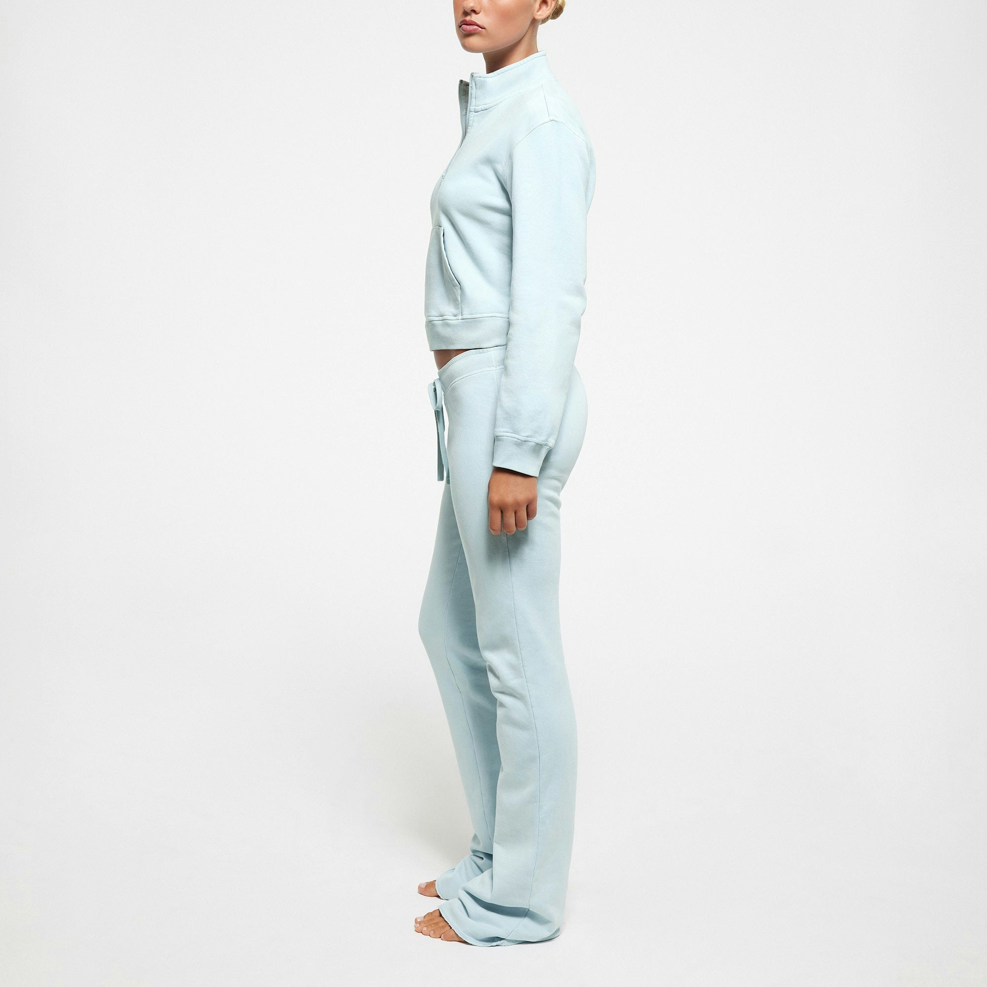 FRENCH TERRY SHRUNKEN HALF ZIP PULLOVER | OPAL ON A MODEL SIDE VIEW