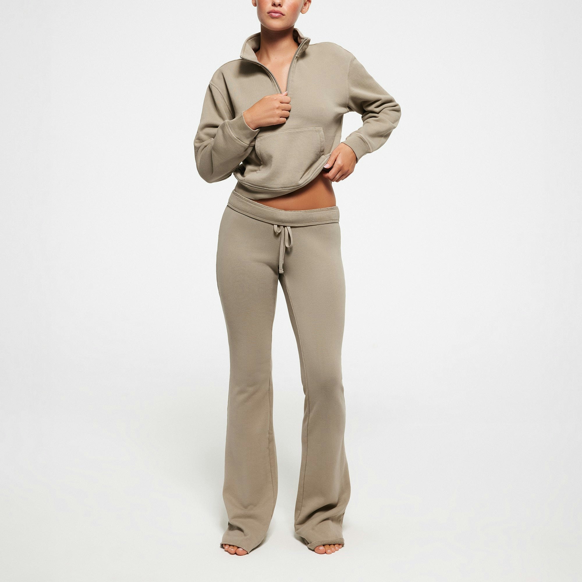 FRENCH TERRY SHRUNKEN HALF ZIP PULLOVER | TAUPE ON A MODEL FRONT VIEW