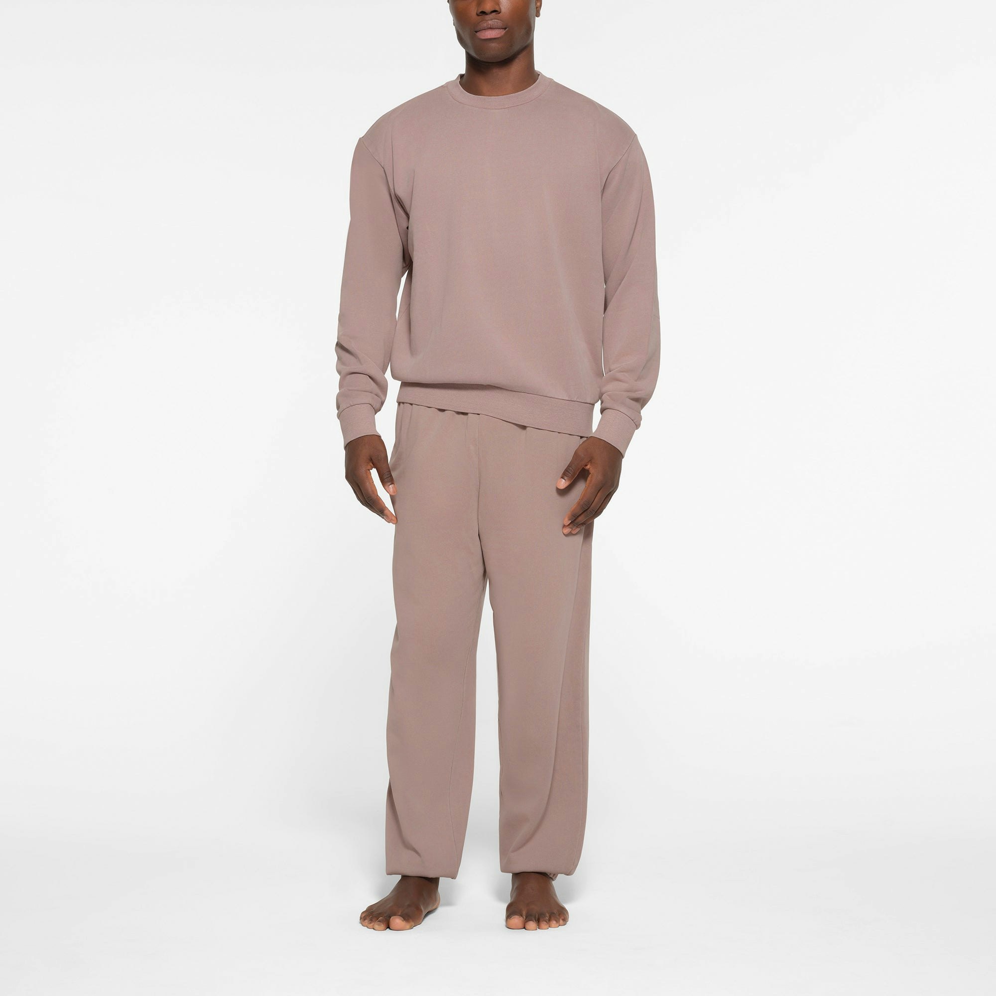 TERRY MENS CREWNECK | FAWN ON A MODEL FRONT VIEW