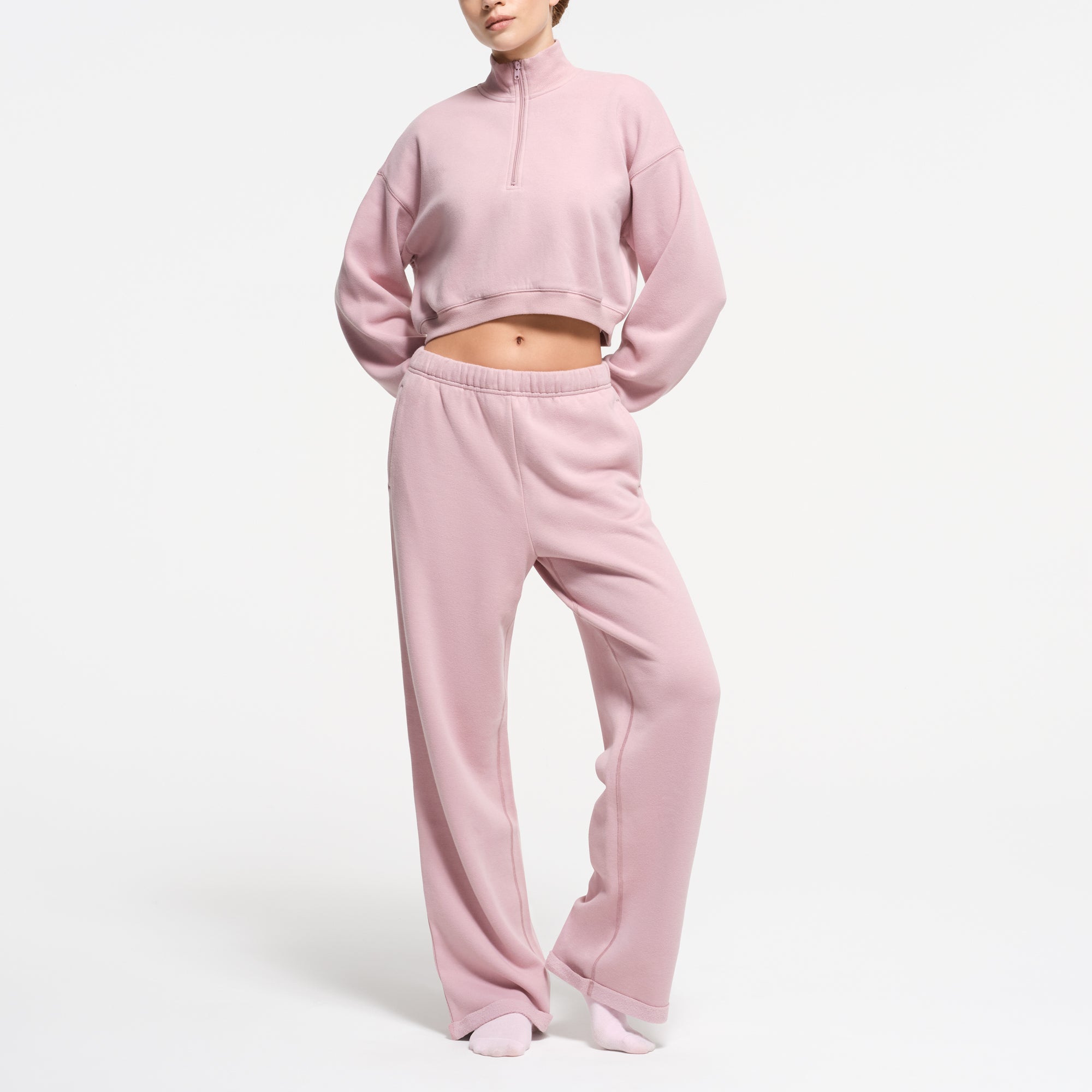 COTTON FLEECE CROPPED HALF ZIP PULLOVER DUSK