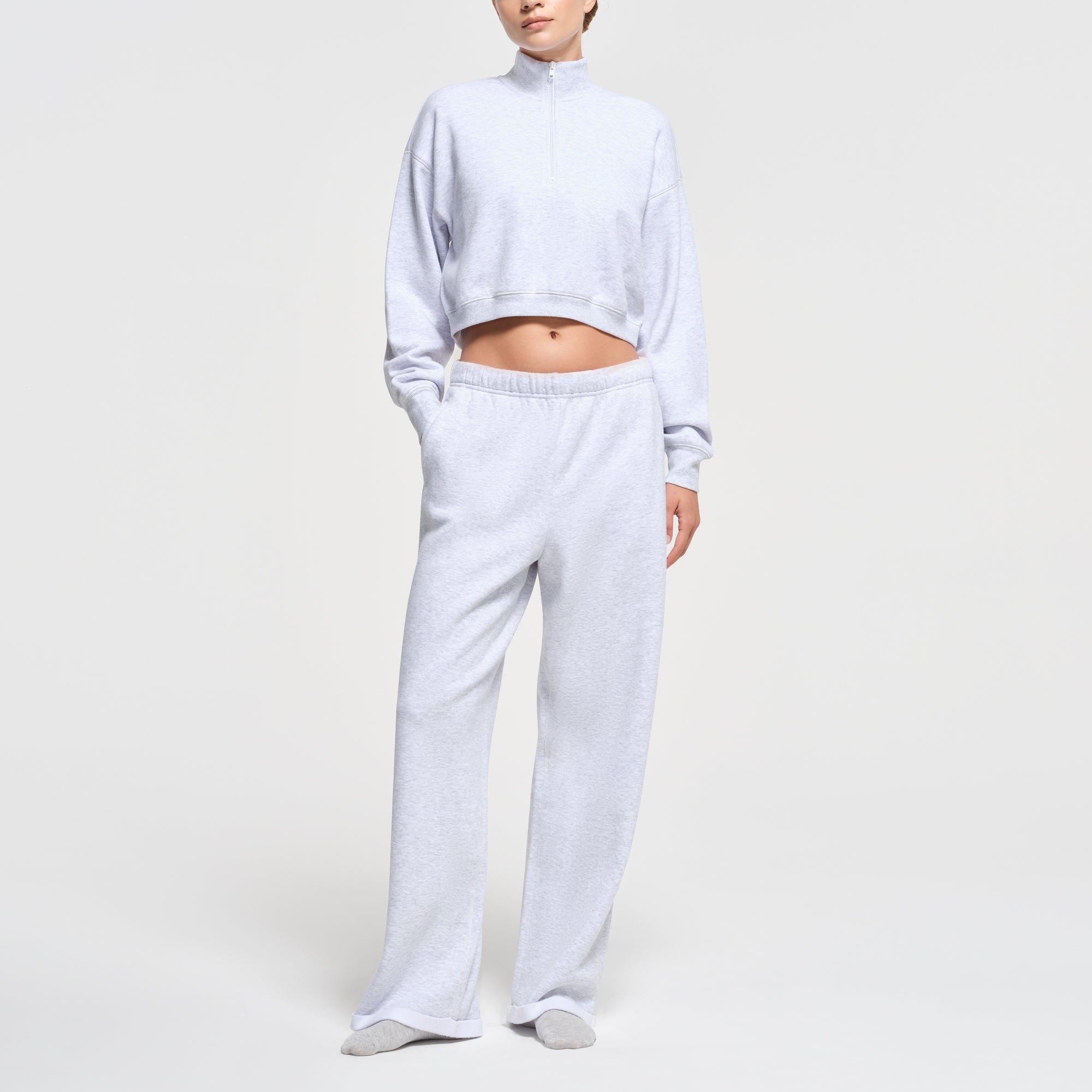 COTTON FLEECE CROPPED HALF ZIP PULLOVER LIGHT HEATHER GREY
