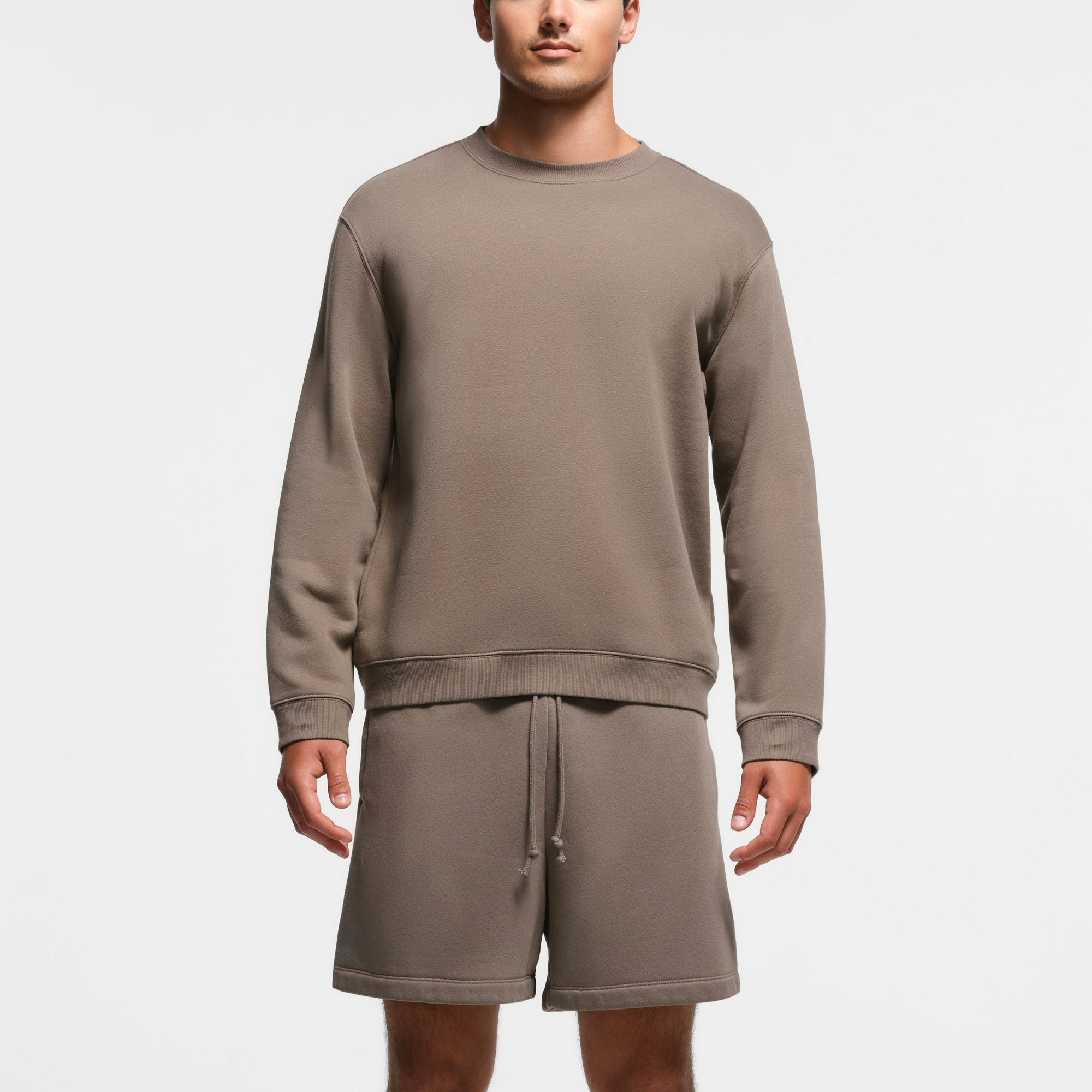 FLEECE LOUNGE MENS CLASSIC CREWNECK | TRUFFLE ON A MODEL FRONT VIEW