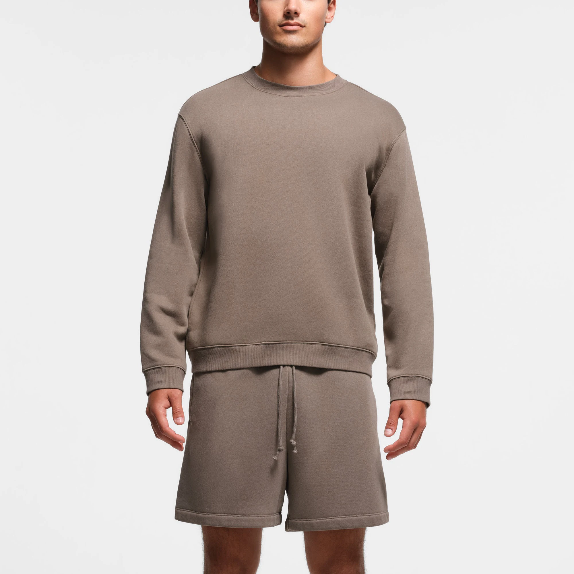 FLEECE LOUNGE MENS CLASSIC CREWNECK | TRUFFLE ON A MODEL FRONT VIEW