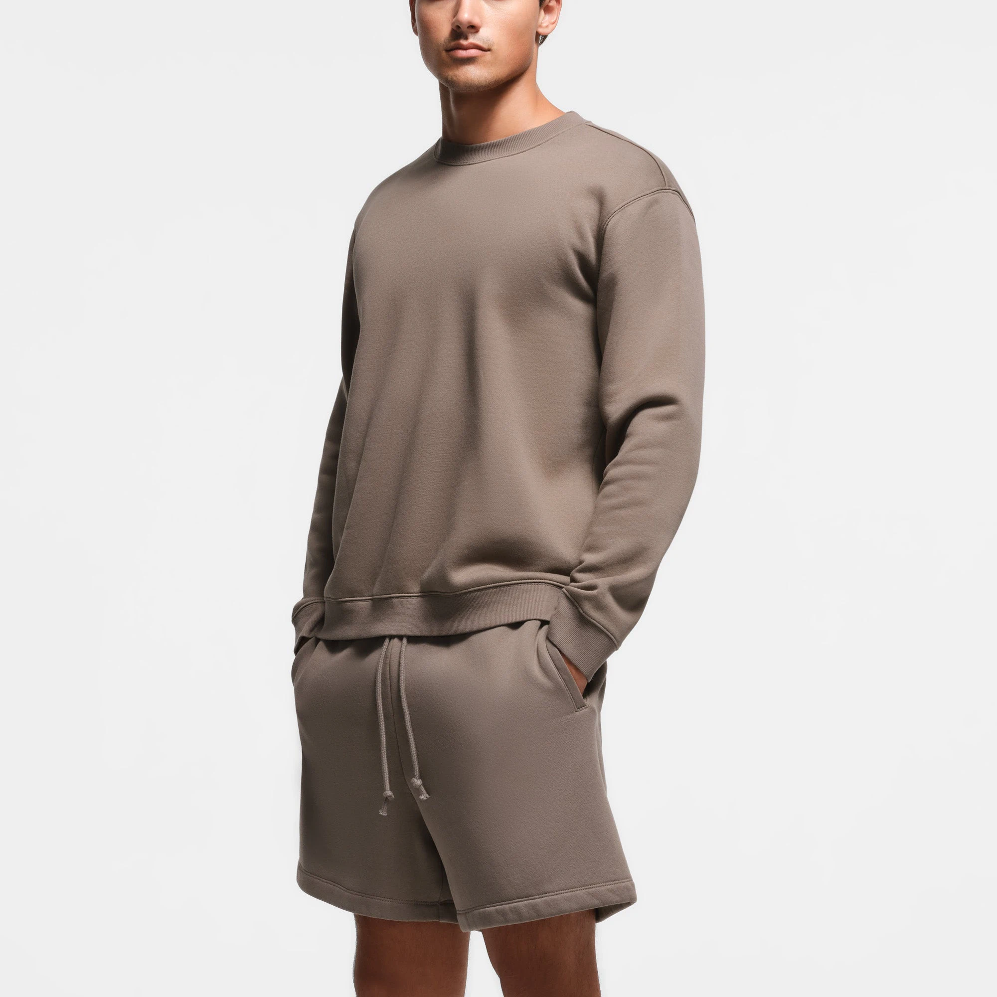 FLEECE LOUNGE MENS CLASSIC CREWNECK | TRUFFLE ON A MODEL SIDE VIEW