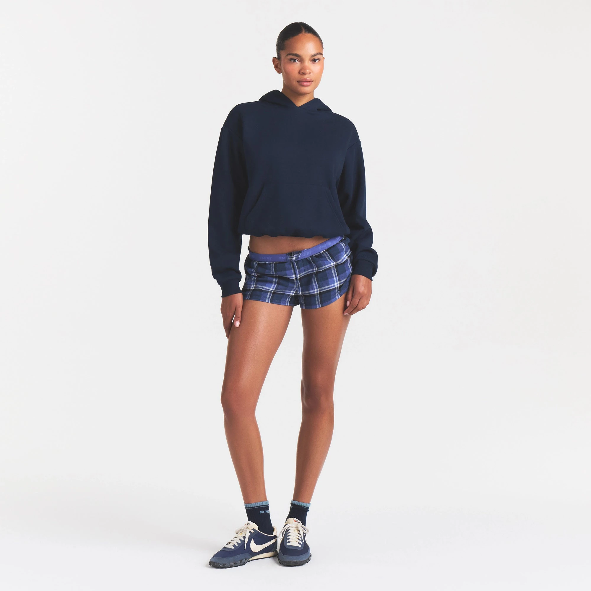 COTTON FLEECE CLASSIC HOODIE | NAVY ON A MODEL FRONT VIEW @ | FOCUS: 0.0, 1.0, 0.9