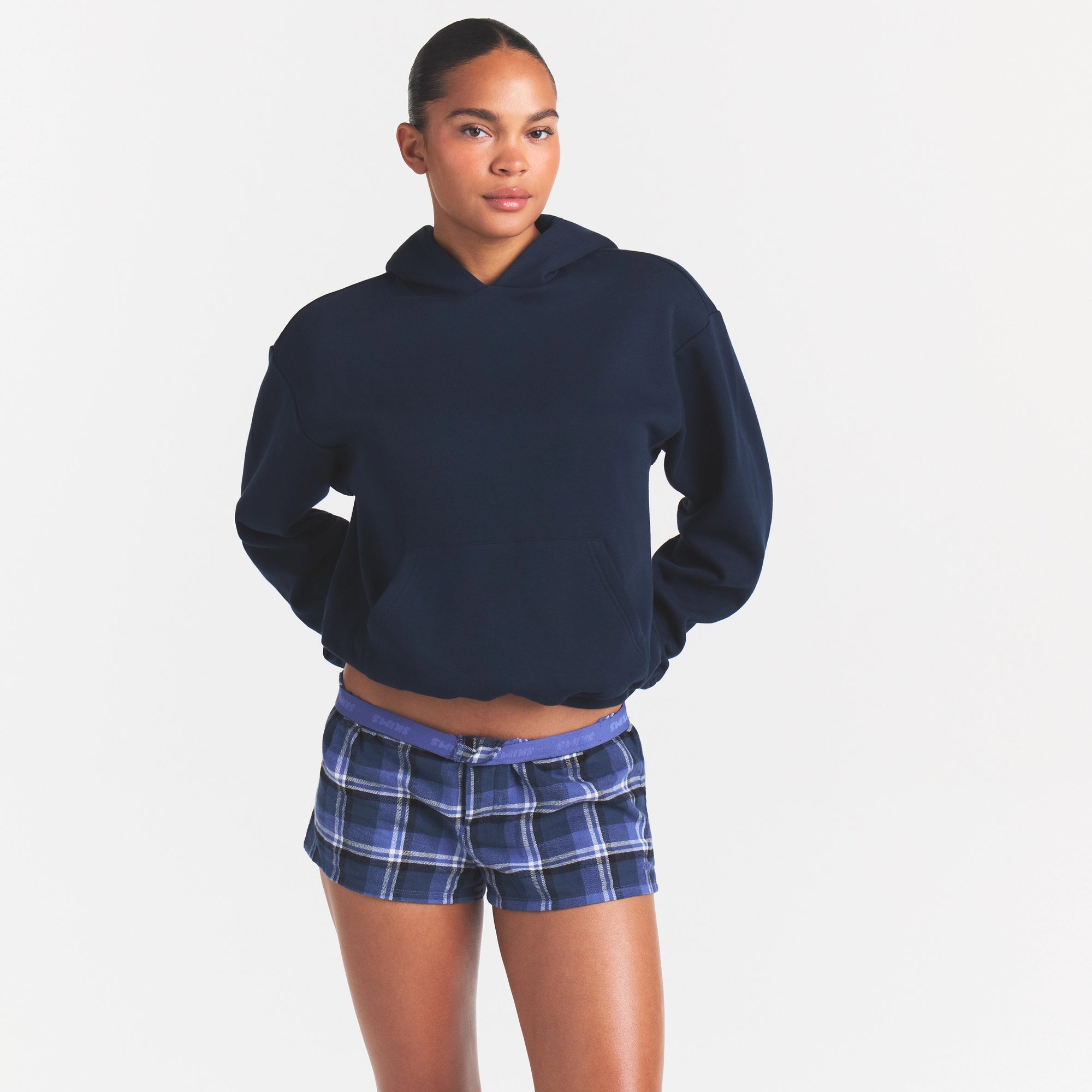 COTTON FLEECE CLASSIC HOODIE | NAVY ON A MODEL SIDE VIEW @ | FOCUS: 0.0, 1.0, 0.9