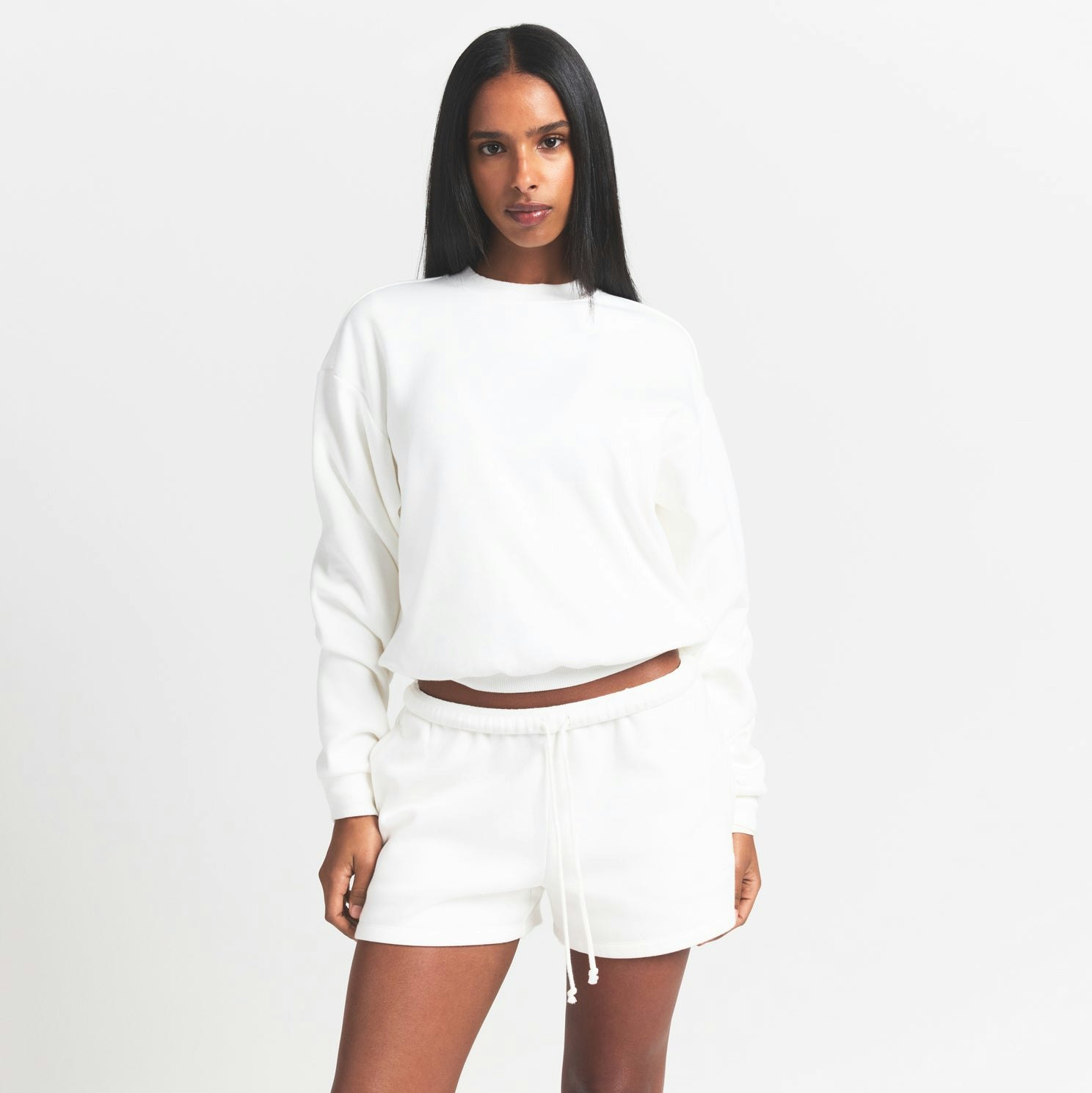 COTTON FLEECE CLASSIC CREWNECK | MARBLE ON A MODEL FRONT VIEW @ | FOCUS: 0.9, 0.1, 0.7