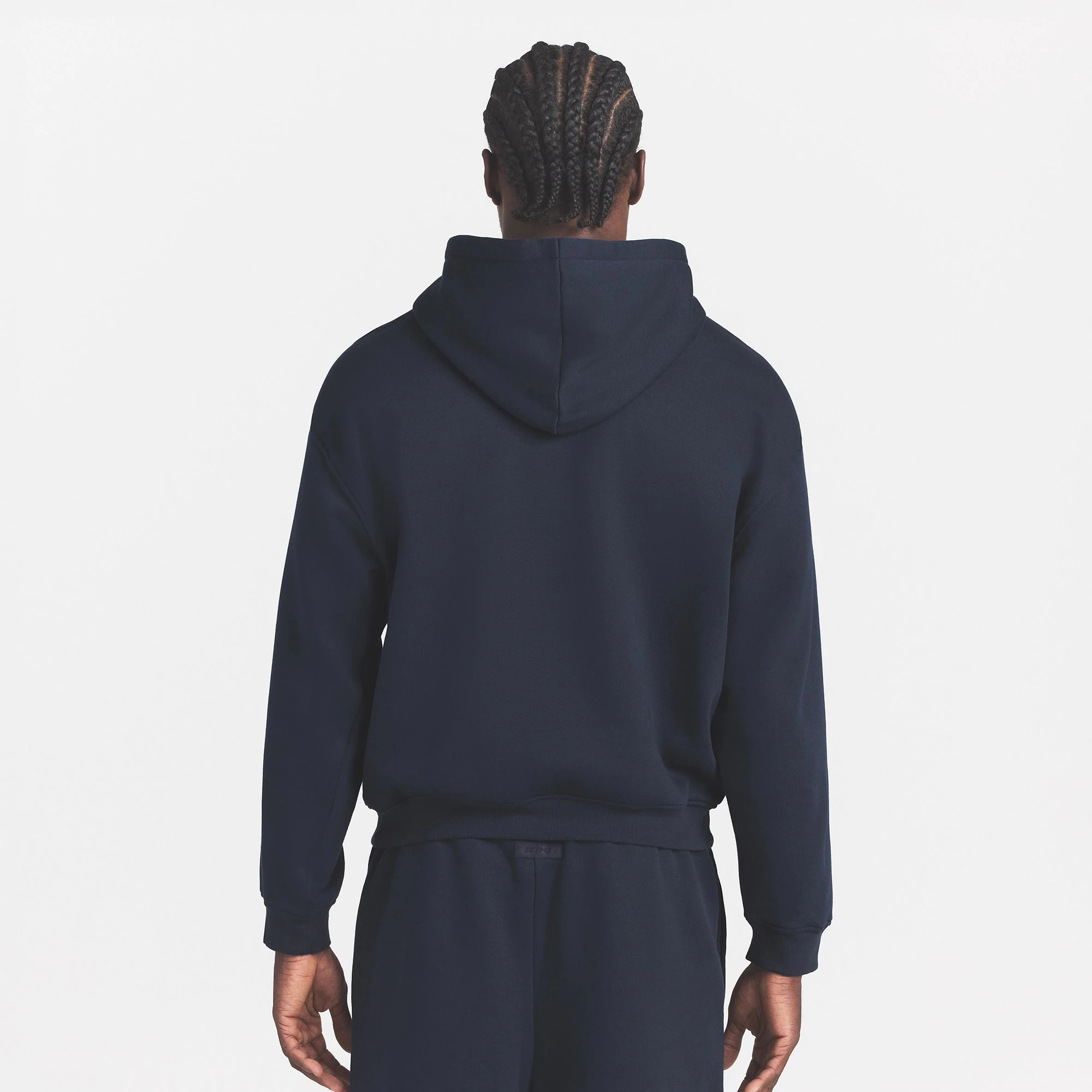 FLEECE LOUNGE MENS RELAXED HOODIE | NAVY ON A MODEL BACK VIEW @ | FOCUS: 0.0, 1.0, 0.9