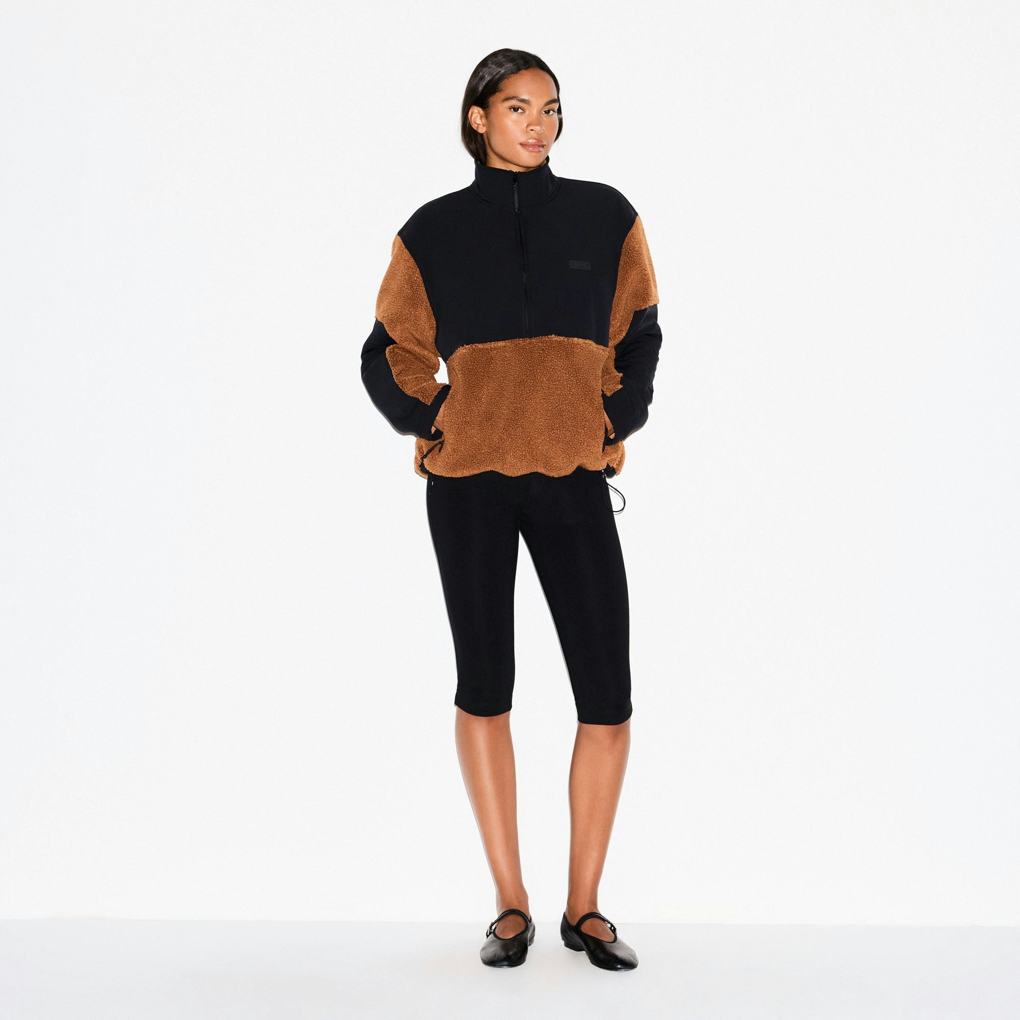 TEDDY OVERSIZED HALF ZIP UP PULLOVER | CHAI ON A MODEL SIDE VIEW @ | FOCUS: 0.0, 1.0, 0.9