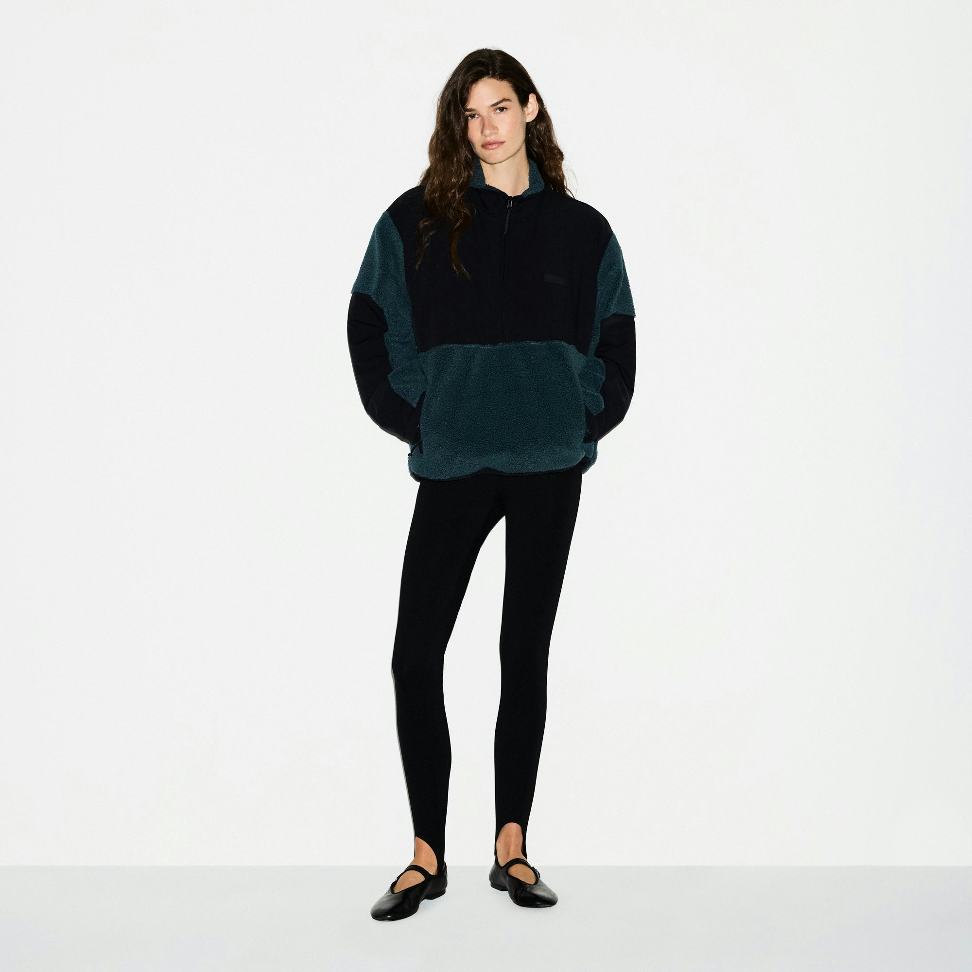 TEDDY OVERSIZED HALF ZIP UP PULLOVER | DARK TEAL ON A MODEL FRONT VIEW @ | FOCUS: 0.0, 1.0, 0.9