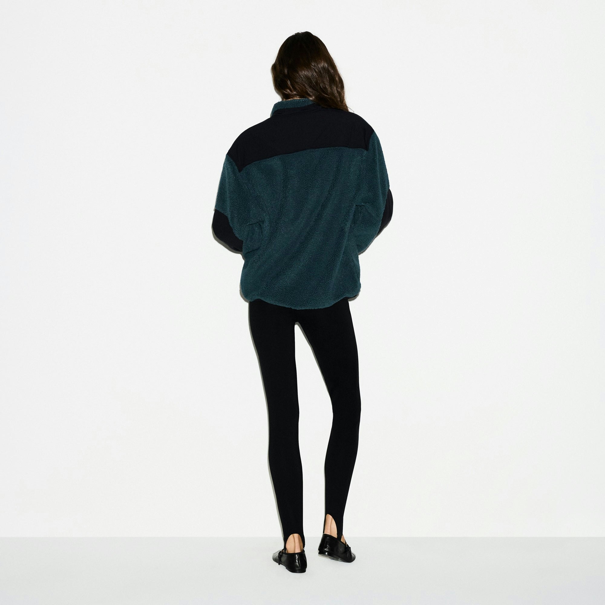 TEDDY OVERSIZED HALF ZIP UP PULLOVER | DARK TEAL ON A MODEL SIDE VIEW @ | FOCUS: 0.0, 1.0, 0.9