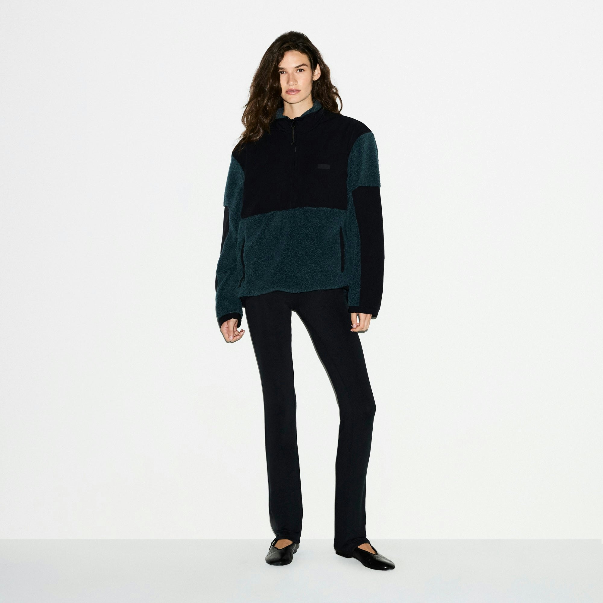 TEDDY OVERSIZED HALF ZIP UP PULLOVER | DARK TEAL ON A MODEL FRONT VIEW @ | FOCUS: 0.0, 1.0, 0.9