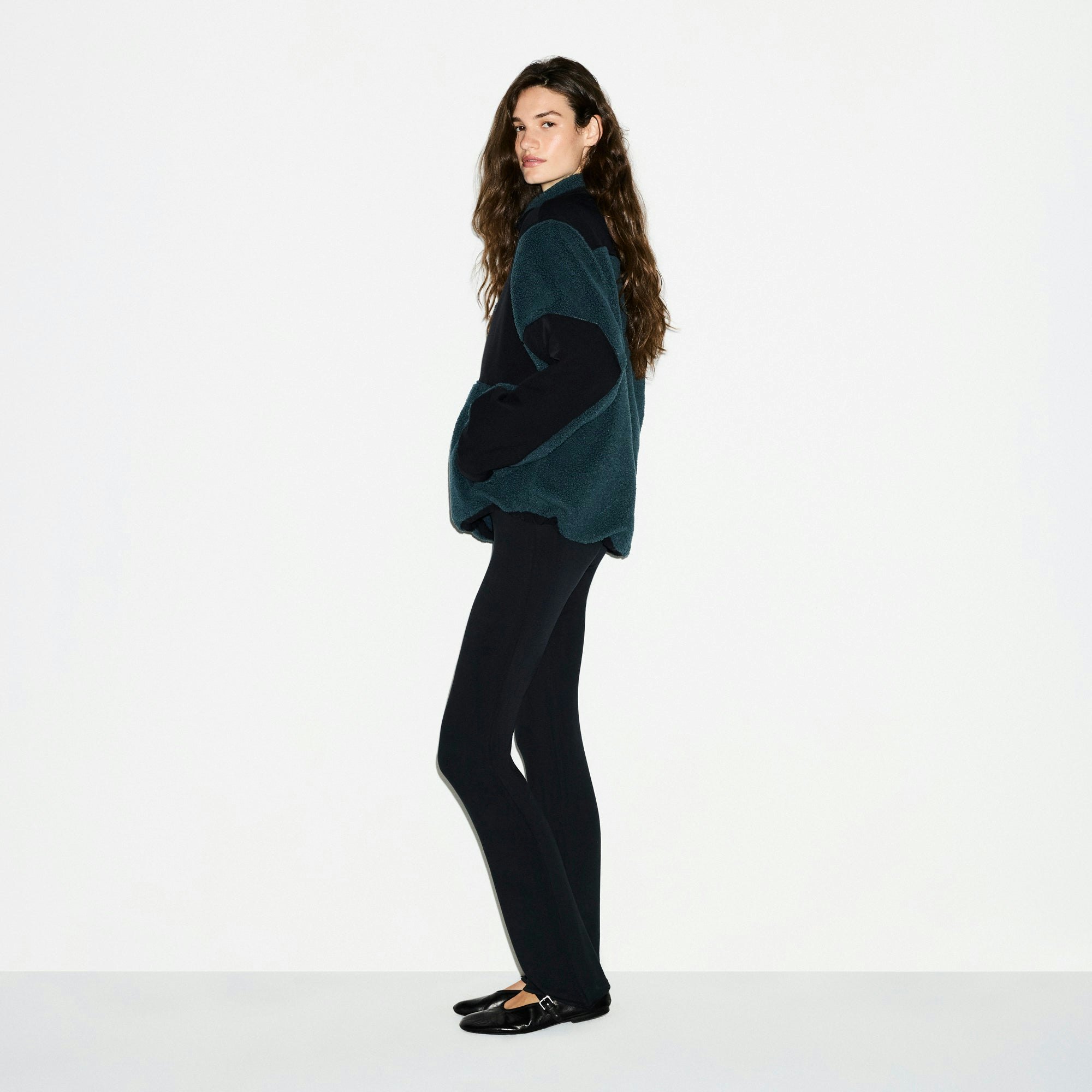 TEDDY OVERSIZED HALF ZIP UP PULLOVER | DARK TEAL ON A MODEL SIDE VIEW @ | FOCUS: 0.0, 1.0, 0.9
