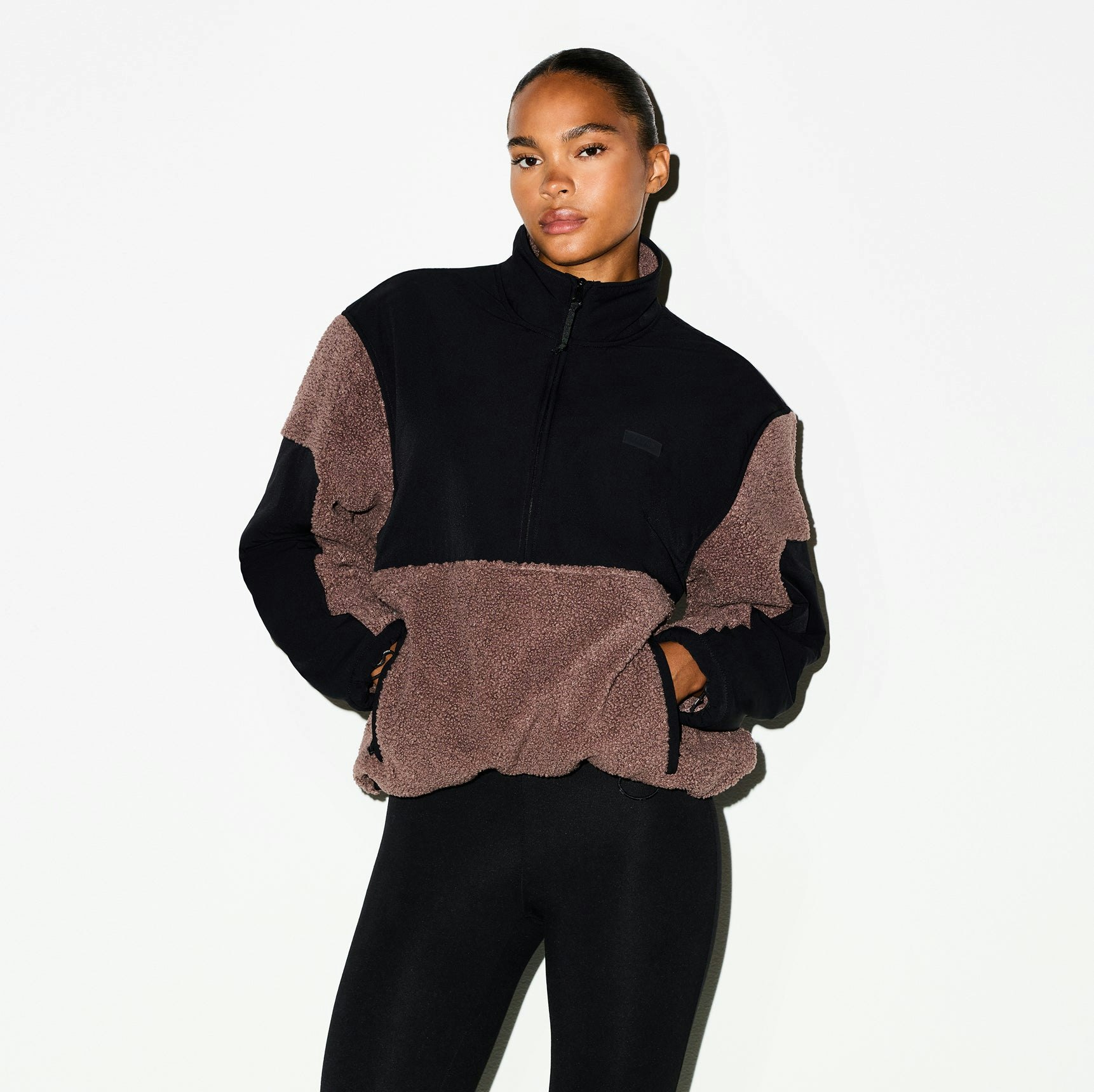 TEDDY HALF ZIP UP PULLOVER | UMBER ON A MODEL SIDE VIEW @ | FOCUS: 0.0, 1.0, 0.9