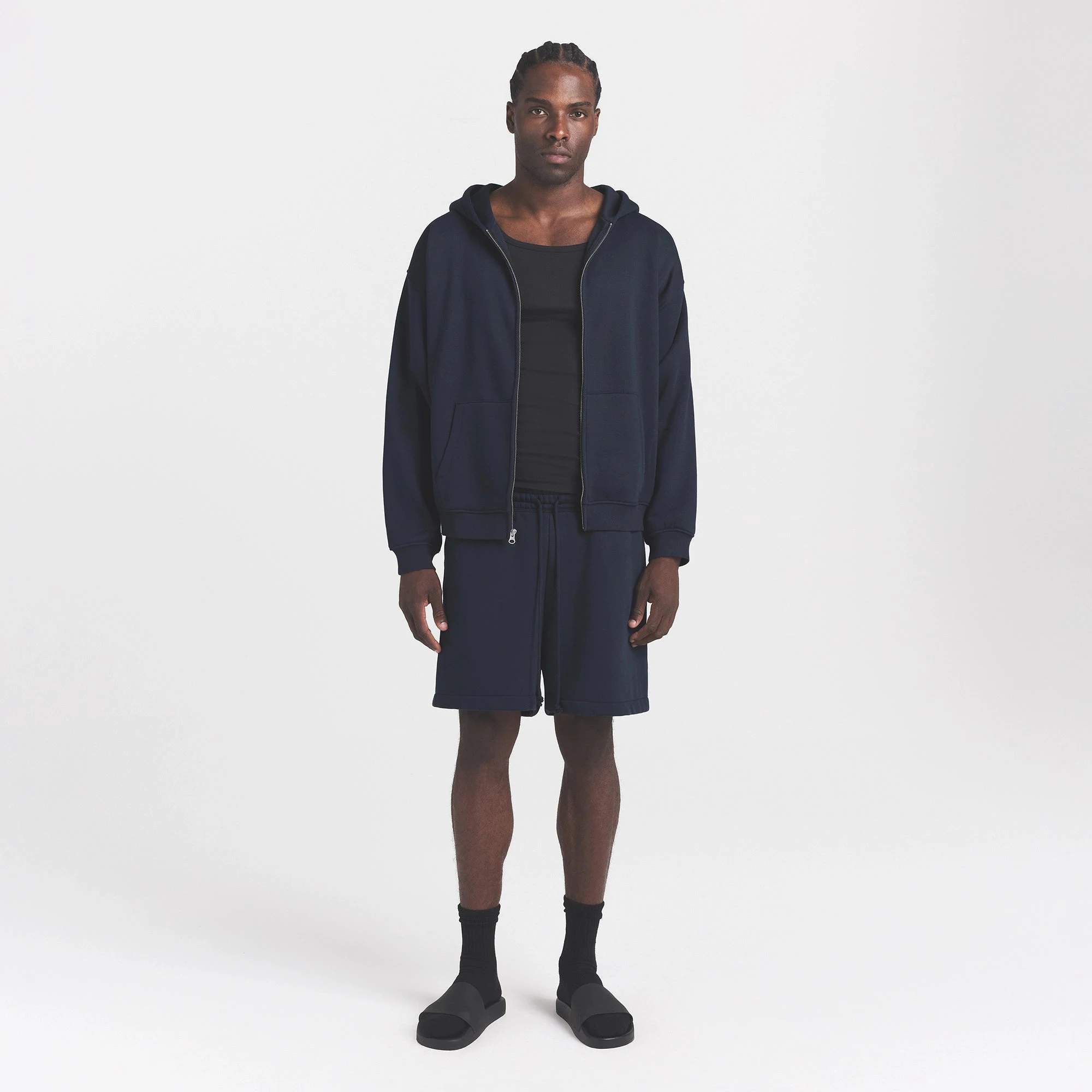 FLEECE LOUNGE MENS RELAXED ZIP UP HOODIE | NAVY ON A MODEL FRONT VIEW @ | FOCUS: 0.0, 1.0, 0.9