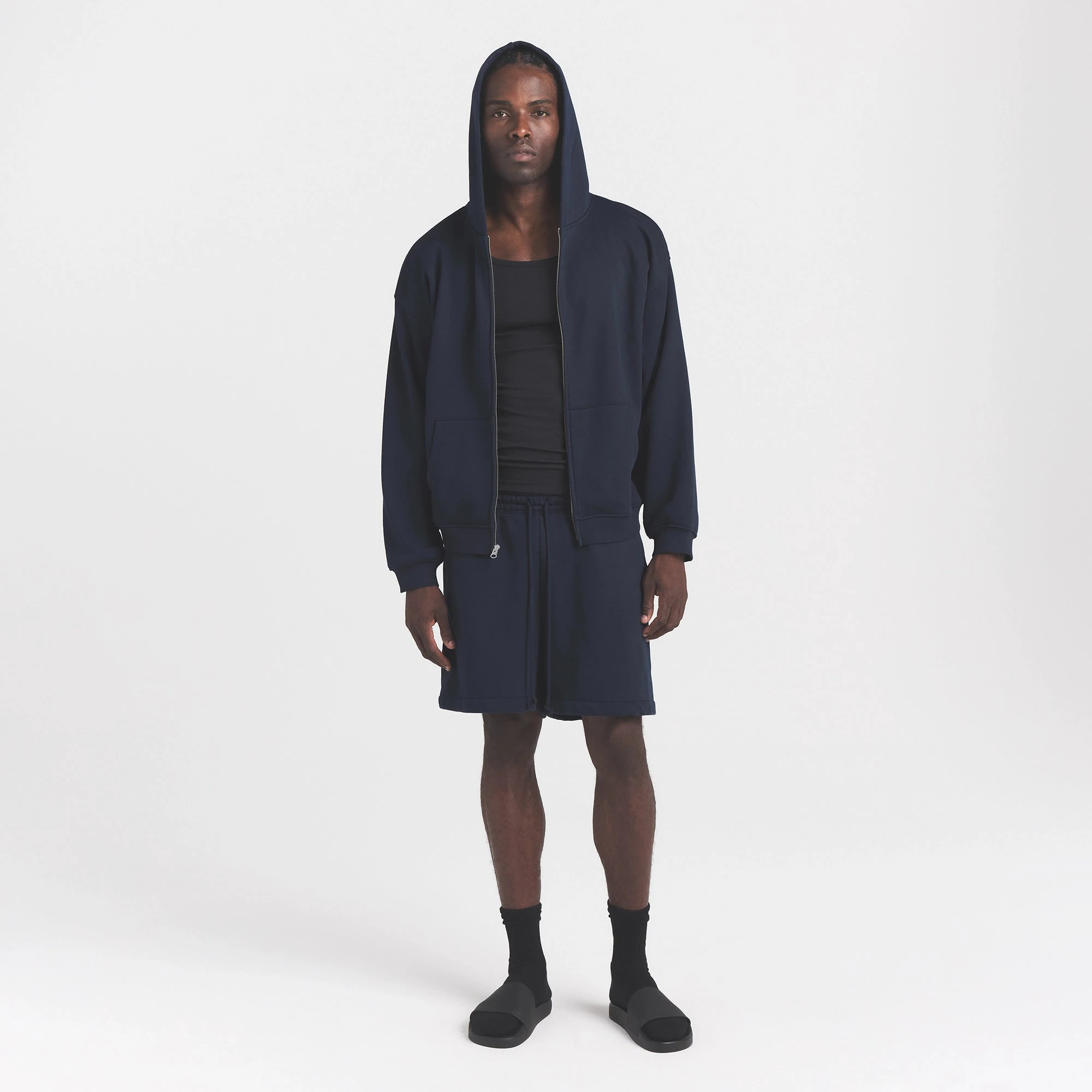 FLEECE LOUNGE MENS RELAXED ZIP UP HOODIE | NAVY ON A MODEL FRONT VIEW @ | FOCUS: 0.0, 1.0, 0.9