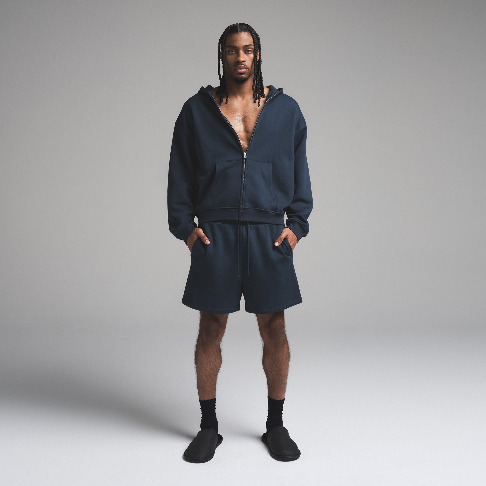 FLEECE LOUNGE MENS RELAXED ZIP UP HOODIE | NAVY ON A MODEL FRONT VIEW | FOCUS: 0.0, 1.0, 0.9