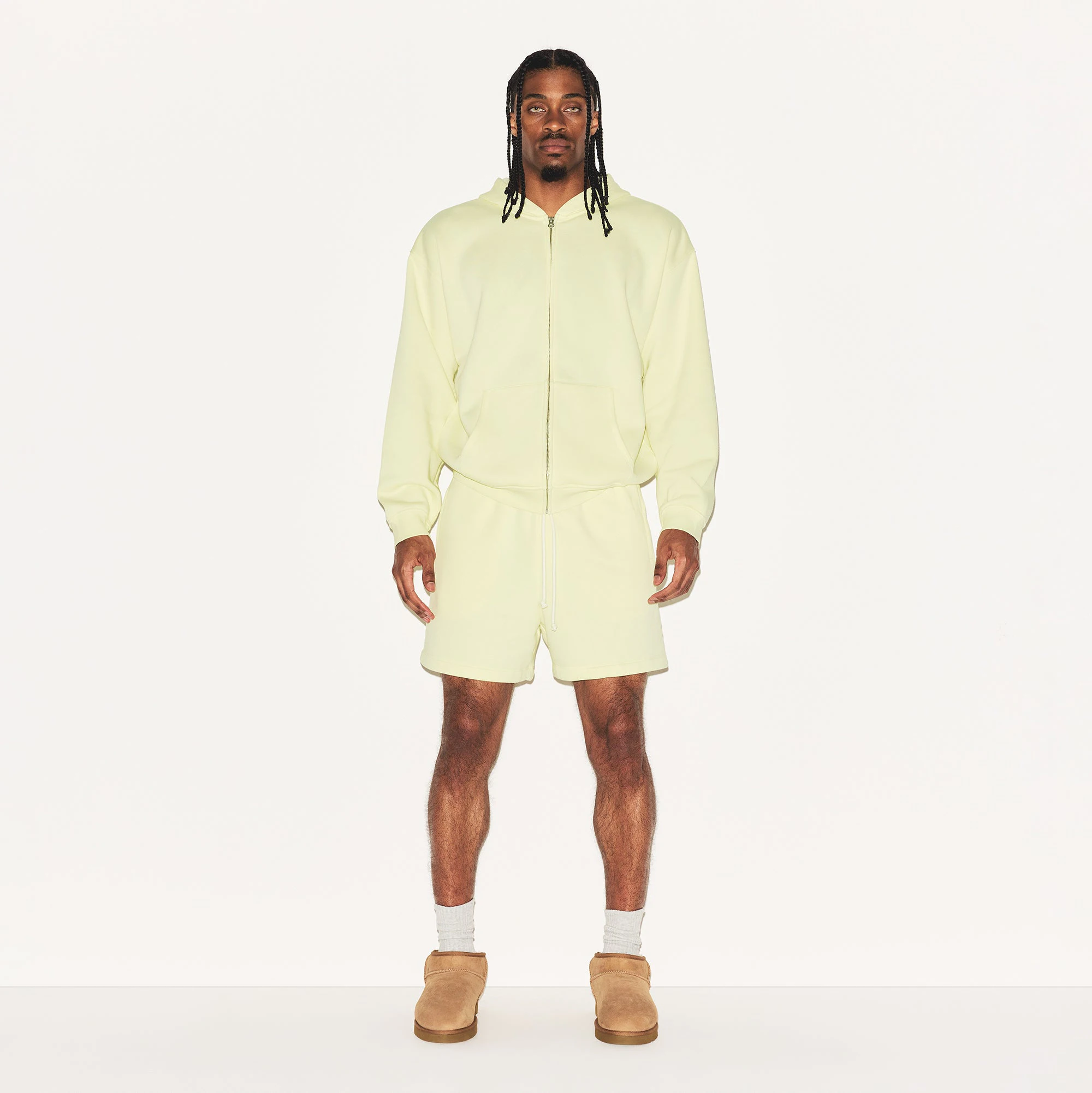 FLEECE LOUNGE MENS RELAXED ZIP UP HOODIE | SULFUR ON A MODEL FRONT VIEW | FOCUS: 0.0, 1.0, 0.9