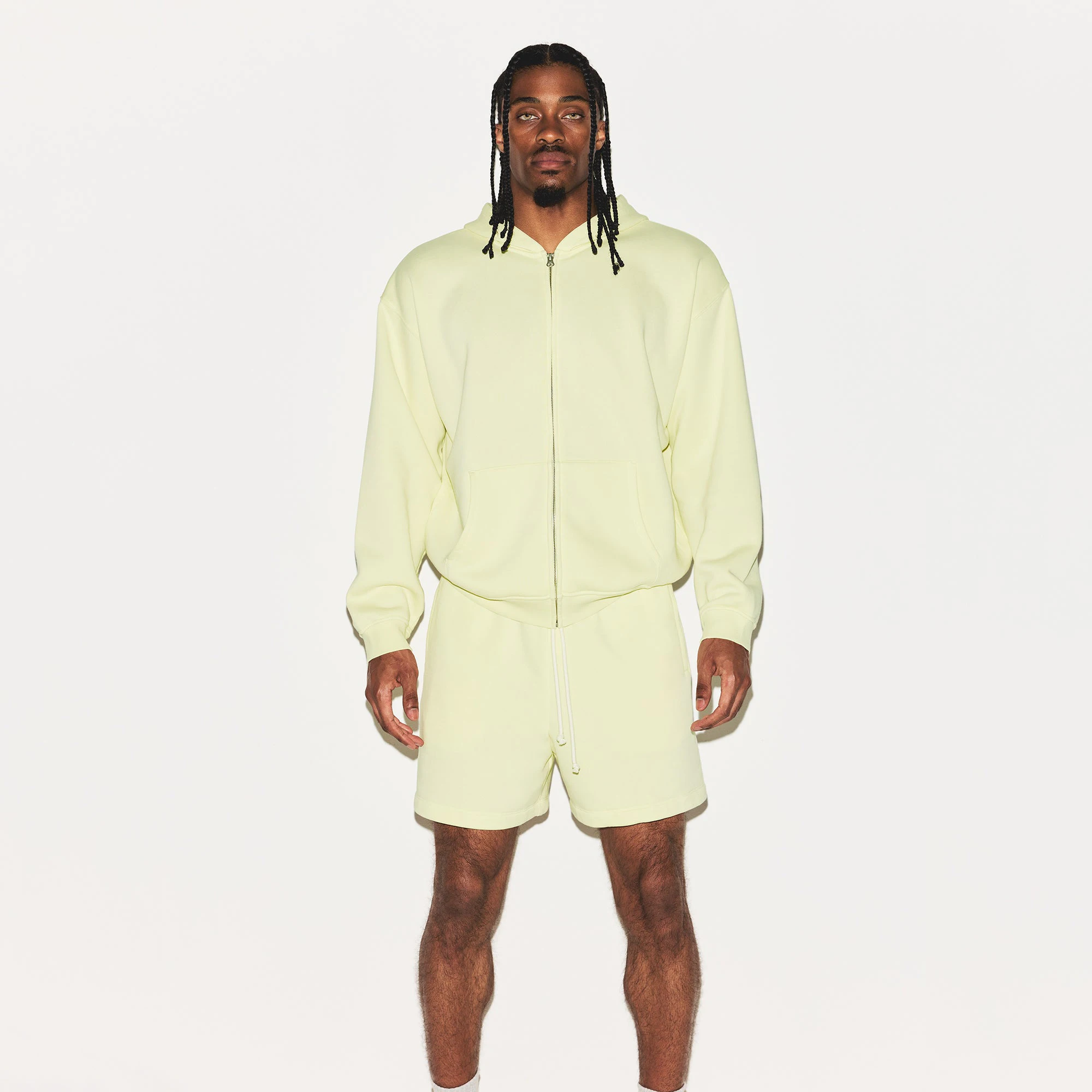 FLEECE LOUNGE MENS RELAXED ZIP UP HOODIE | SULFUR ON A MODEL FRONT VIEW | FOCUS: 0.0, 1.0, 0.9