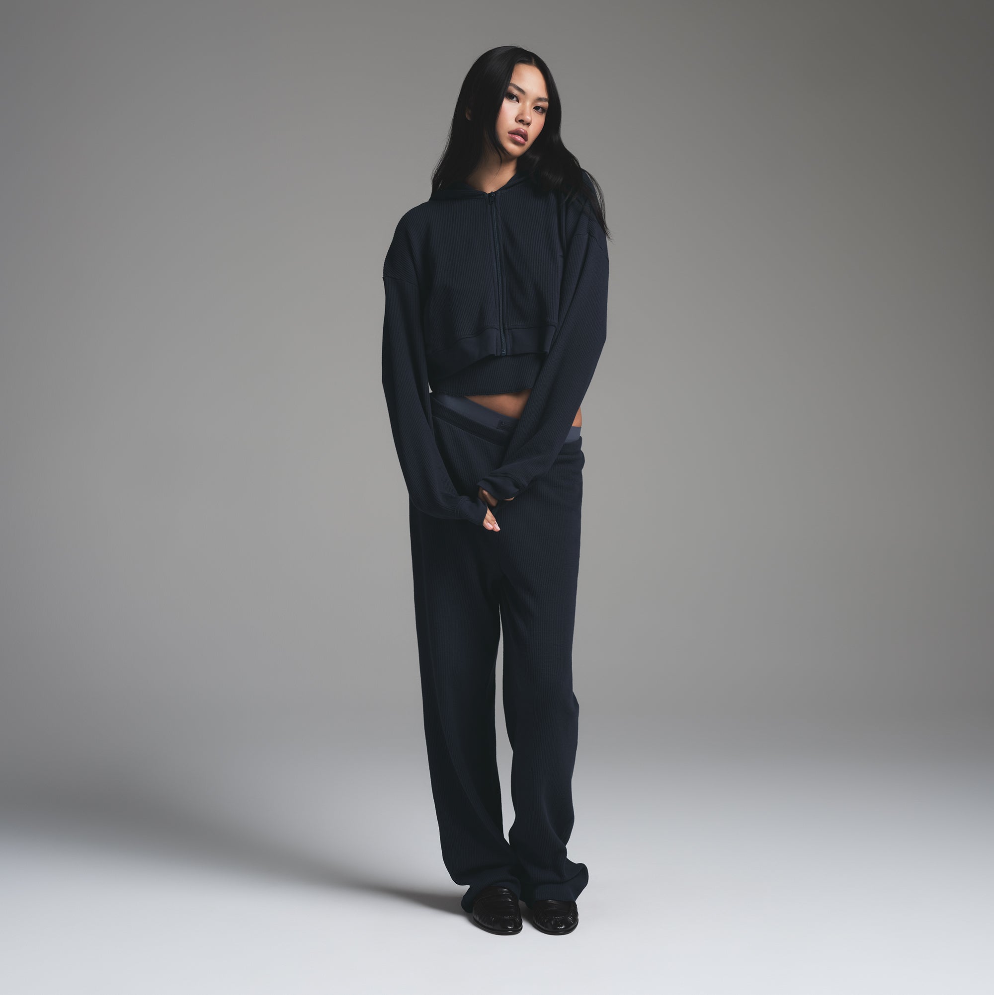 HEAVY WAFFLE CROPPED ZIP UP HOODIE NAVY