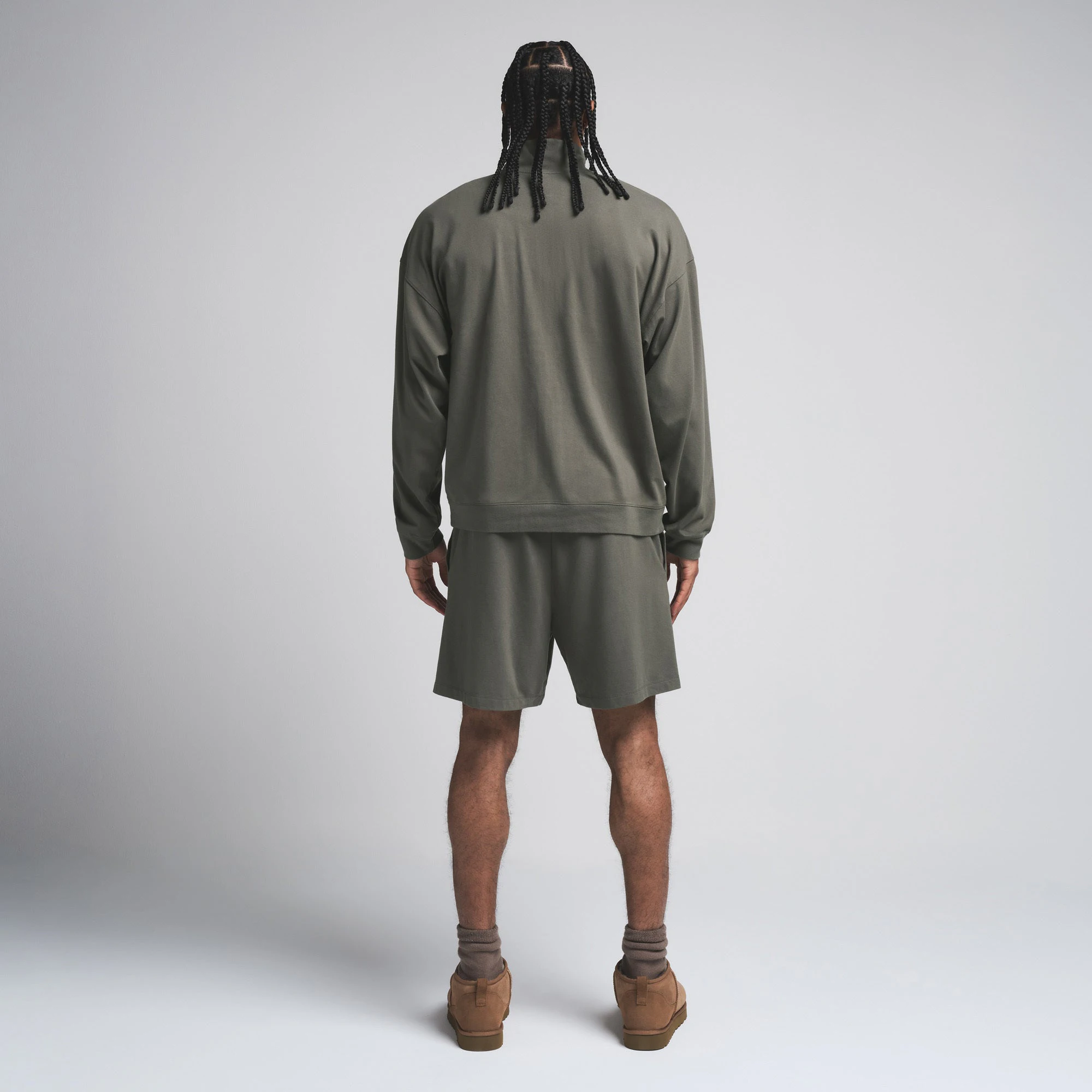 JERSEY LOUNGE MENS RELAXED QUARTER ZIP PULLOVER | BASIL ON A MODEL BACK VIEW | FOCUS: 0.0, 1.0, 0.9