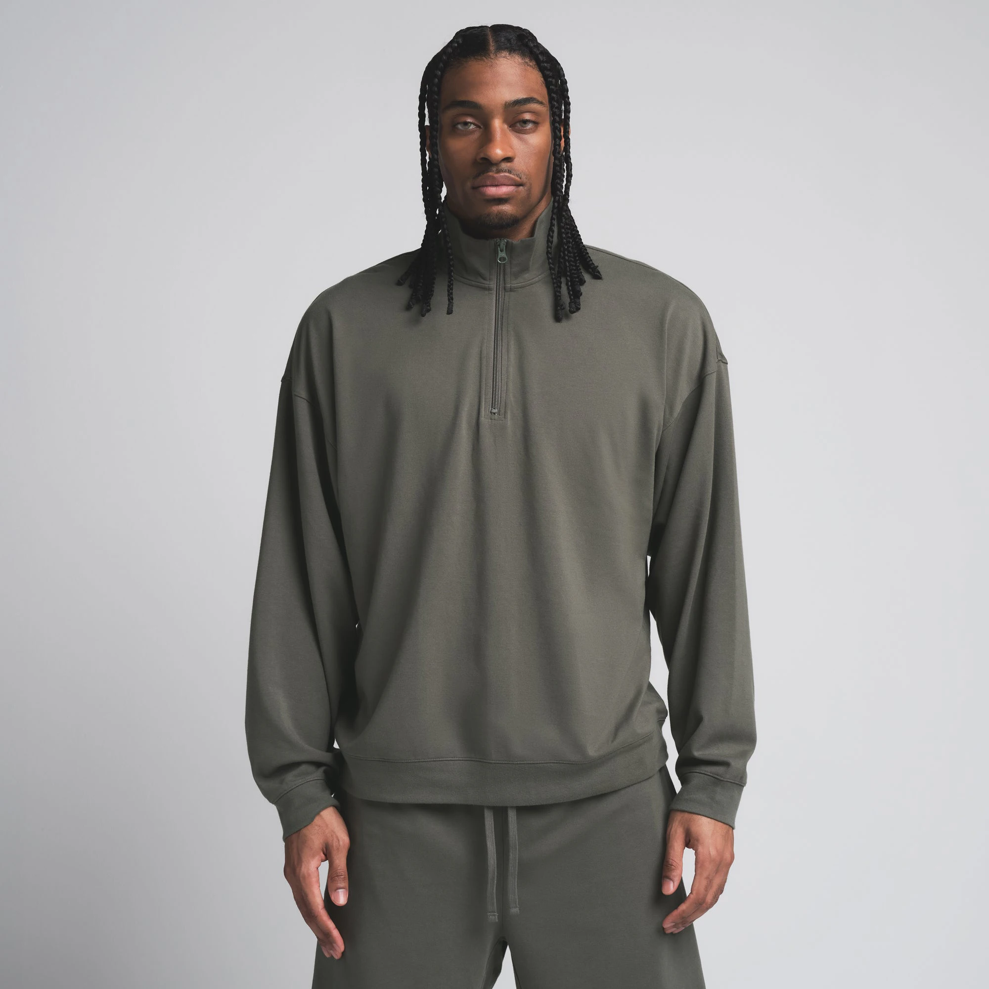 JERSEY LOUNGE MENS RELAXED QUARTER ZIP PULLOVER | BASIL ON A MODEL FRONT VIEW | FOCUS: 0.0, 1.0, 0.9