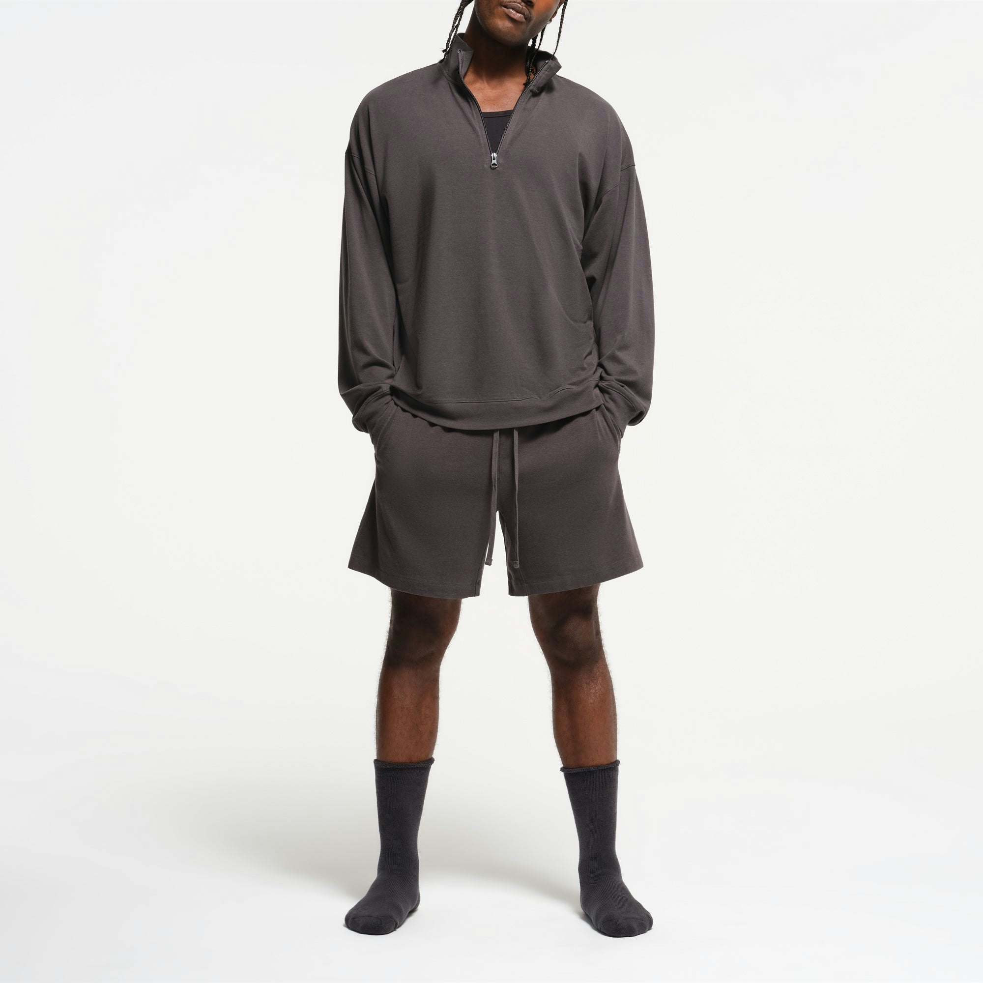 JERSEY LOUNGE MENS RELAXED QUARTER ZIP PULLOVER | ASH ON A MODEL FRONT VIEW | FOCUS: 0.0, 1.0, 0.9