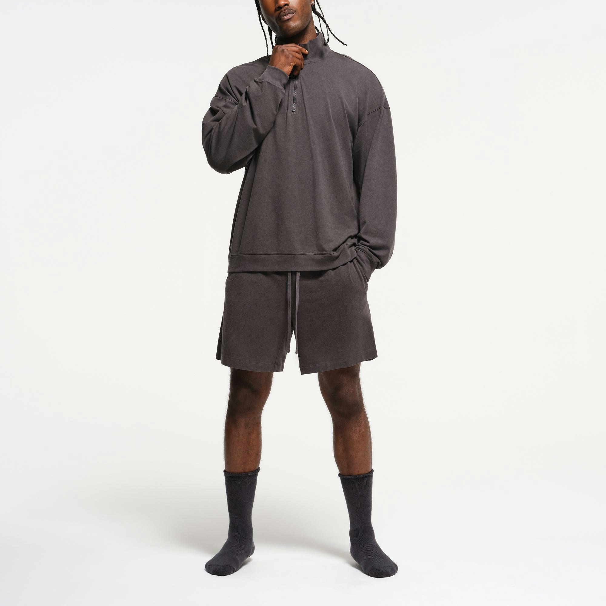 JERSEY LOUNGE MENS RELAXED QUARTER ZIP PULLOVER | ASH ON A MODEL FRONT VIEW