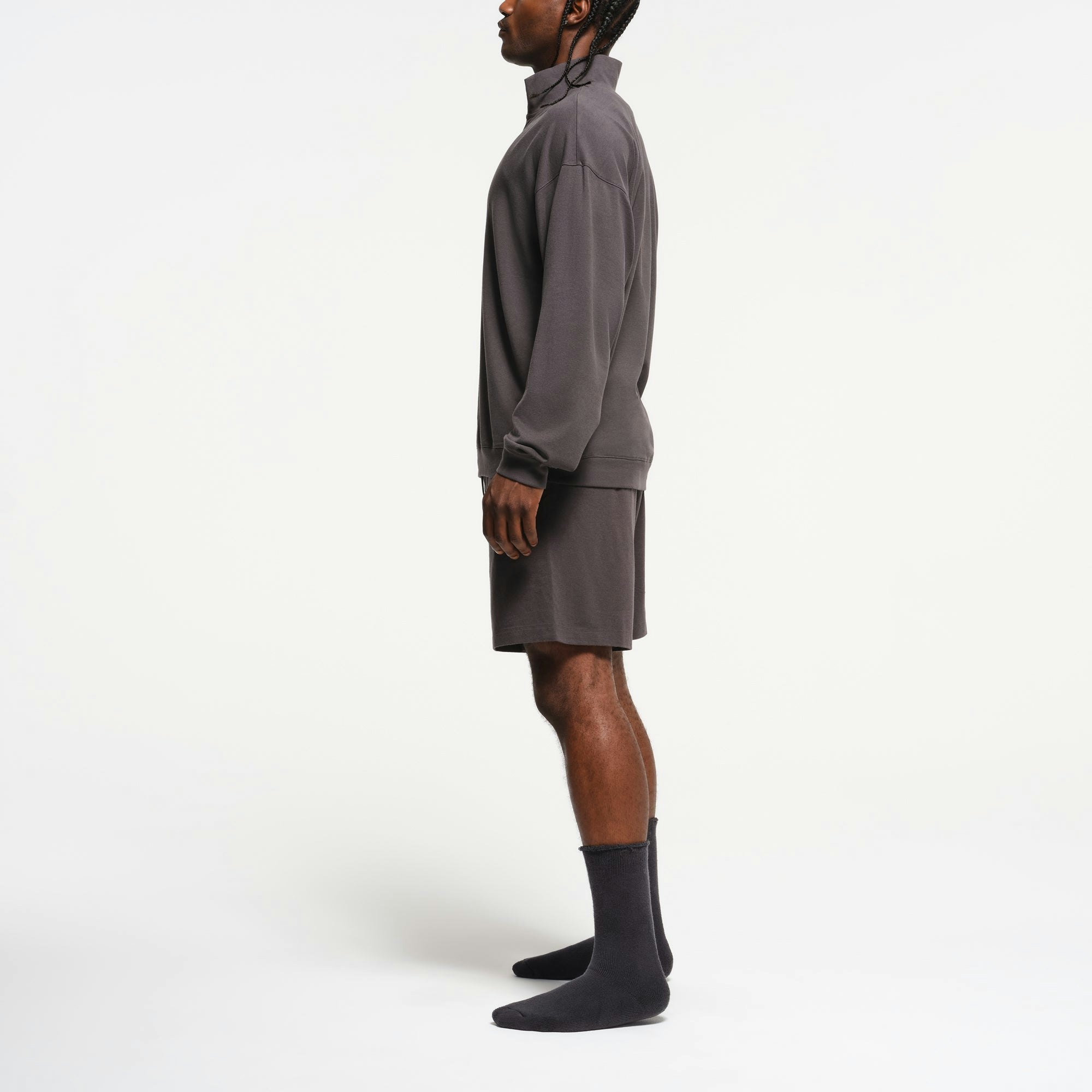 JERSEY LOUNGE MENS RELAXED QUARTER ZIP PULLOVER | ASH ON A MODEL SIDE VIEW