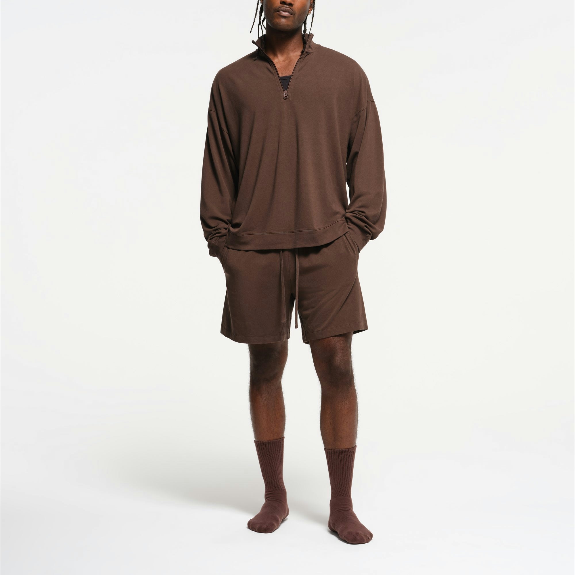 JERSEY LOUNGE MENS RELAXED QUARTER ZIP PULLOVER | MUD ON A MODEL FRONT VIEW | FOCUS: 0.0, 1.0, 0.9