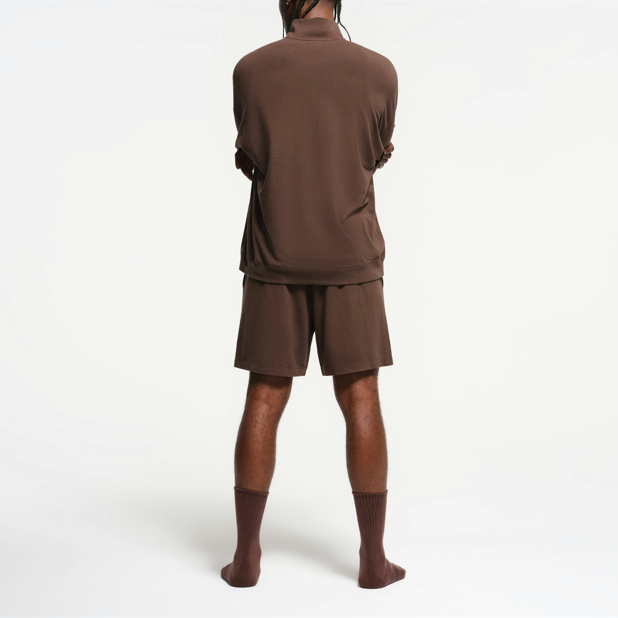 JERSEY LOUNGE MENS RELAXED QUARTER ZIP PULLOVER | MUD ON A MODEL BACK VIEW