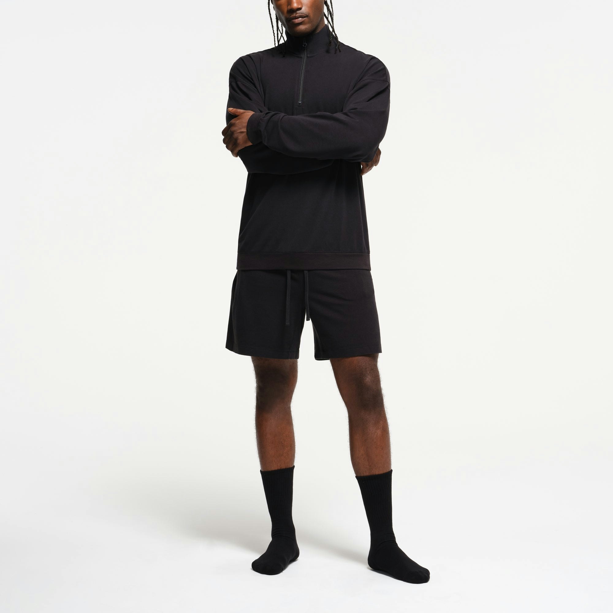 JERSEY LOUNGE MENS RELAXED QUARTER ZIP PULLOVER | OBSIDIAN ON A MODEL FRONT VIEW