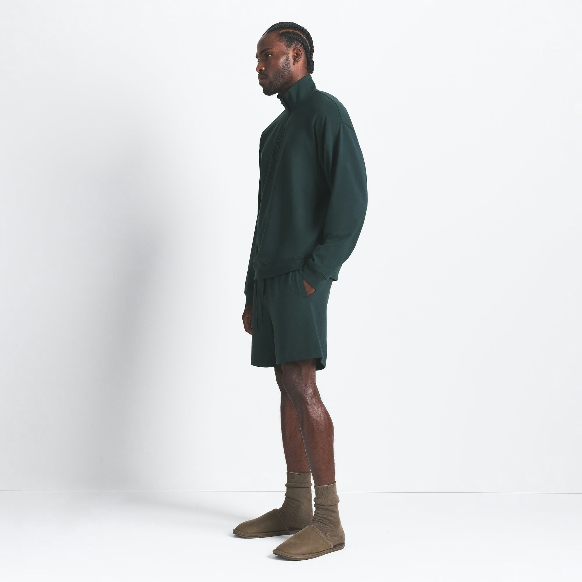 JERSEY LOUNGE MENS RELAXED QUARTER ZIP PULLOVER | TINT ON A MODEL SIDE VIEW @ | FOCUS: 0.0, 1.0, 0.9