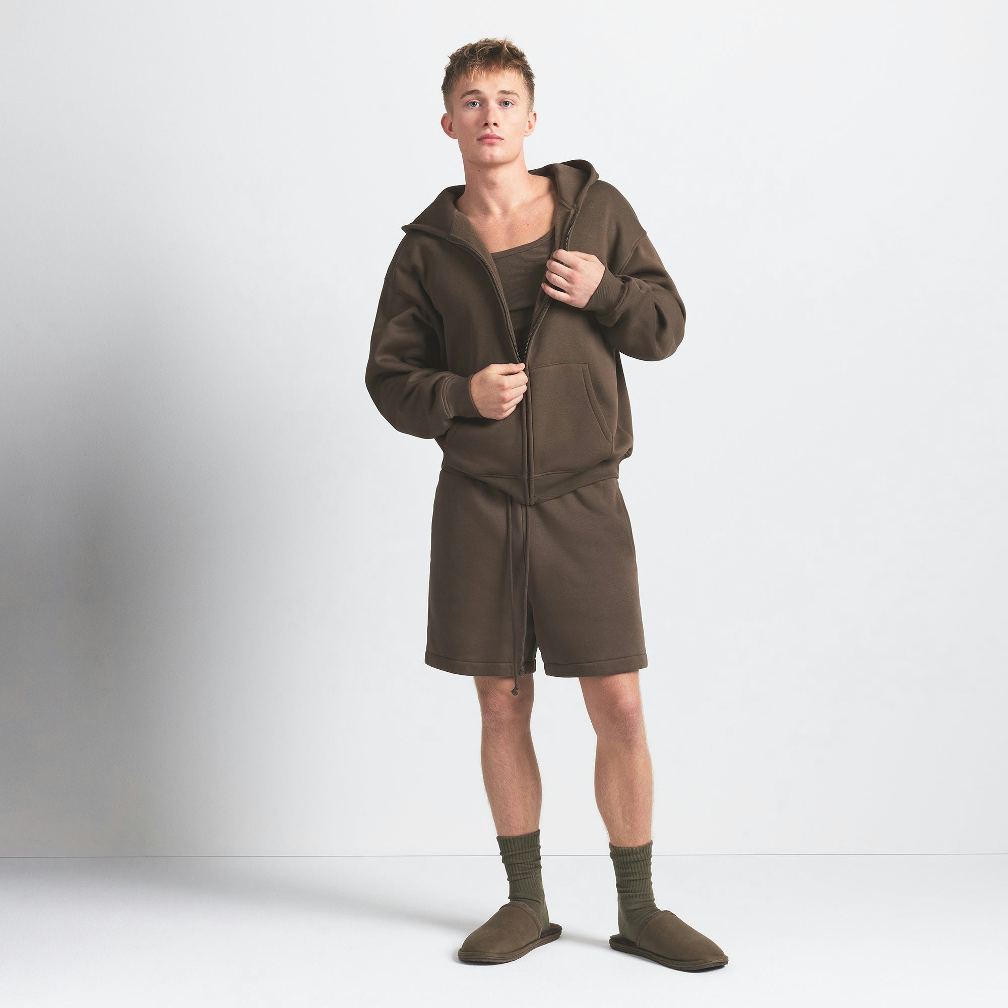 FLEECE LOUNGE MENS RELAXED ZIP UP HOODIE | DRIFTWOOD ON A MODEL FRONT VIEW @ | FOCUS: 0.0, 1.0, 0.9