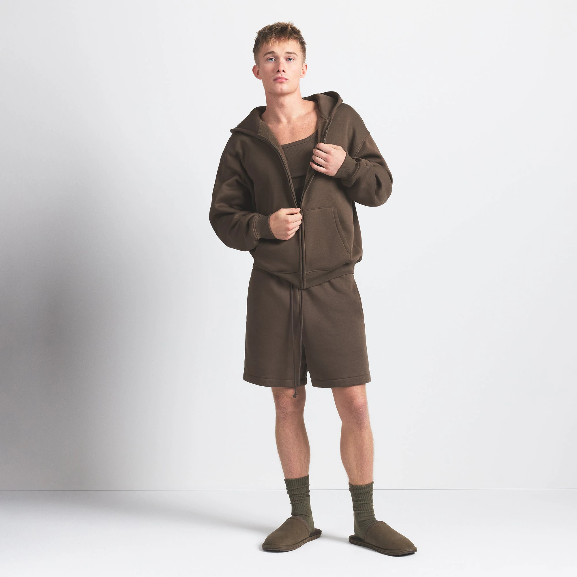 FLEECE LOUNGE MENS RELAXED ZIP UP HOODIE | DRIFTWOOD ON A MODEL FRONT VIEW @ | FOCUS: 0.0, 1.0, 0.9