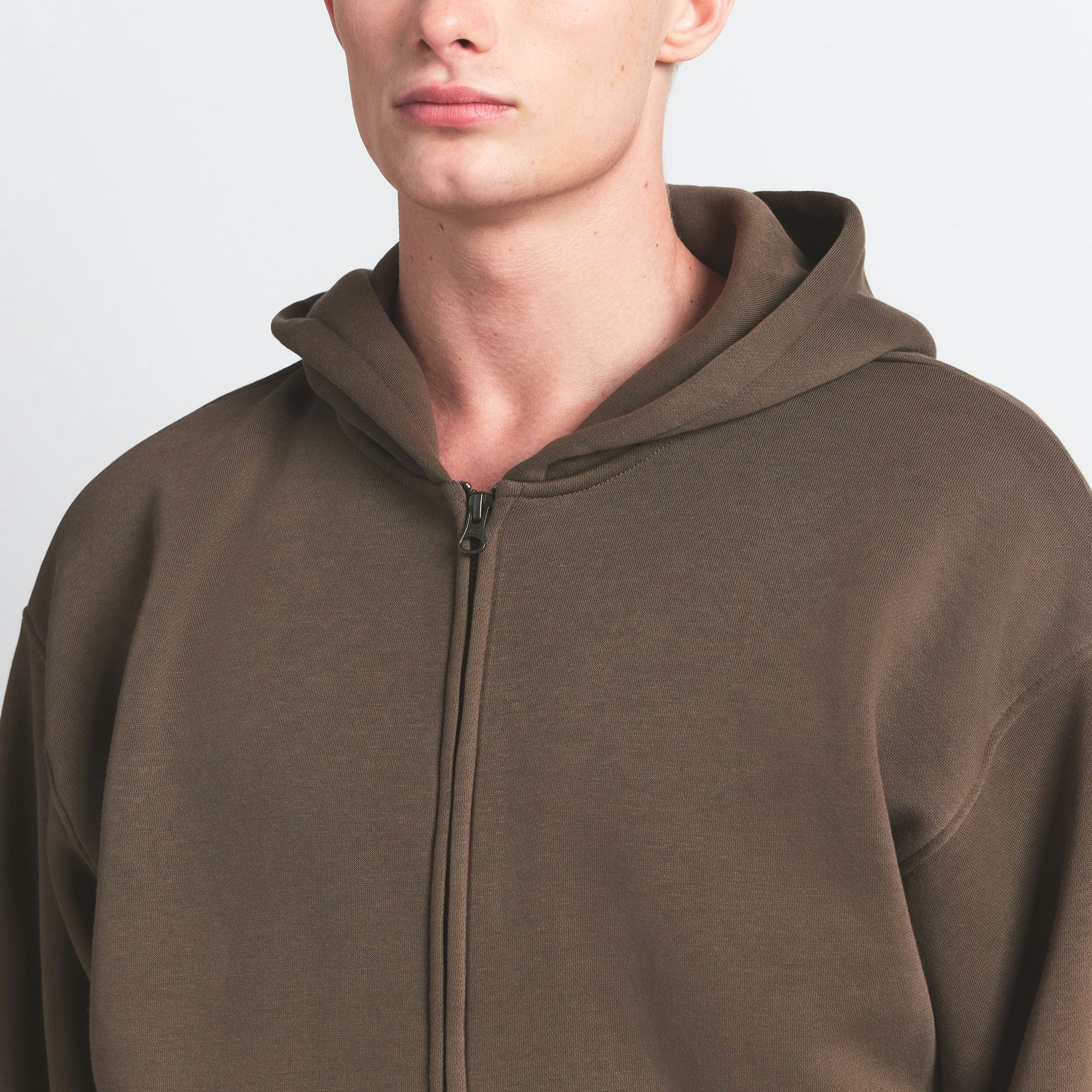 FLEECE LOUNGE MENS RELAXED ZIP UP HOODIE | DRIFTWOOD ON A MODEL FRONT VIEW @ | FOCUS: 0.0, 1.0, 0.9