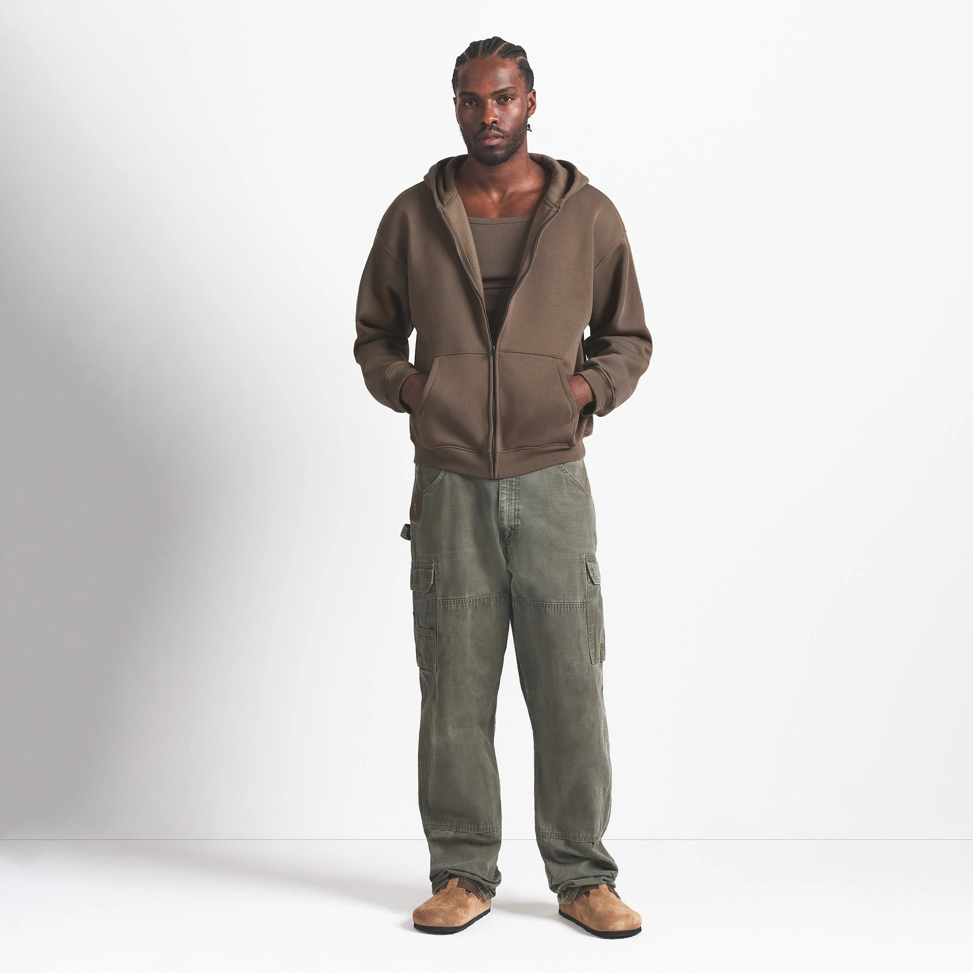 FLEECE LOUNGE MENS RELAXED ZIP UP HOODIE | DRIFTWOOD ON A MODEL FRONT VIEW @ | FOCUS: 0.0, 1.0, 0.9