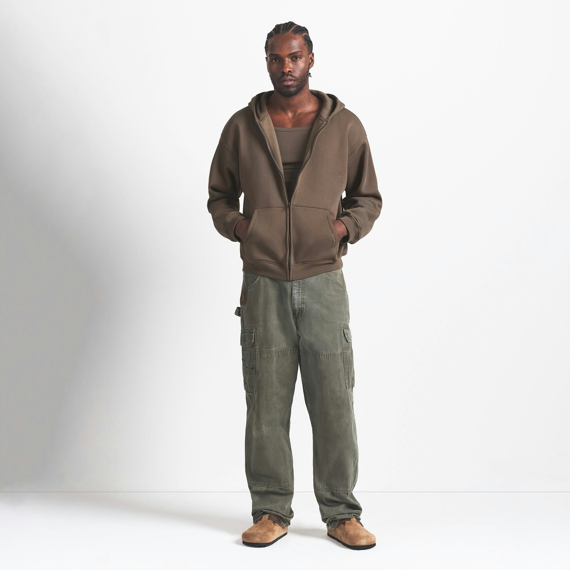 FLEECE LOUNGE MENS RELAXED ZIP UP HOODIE | DRIFTWOOD ON A MODEL FRONT VIEW @ | FOCUS: 0.0, 1.0, 0.9