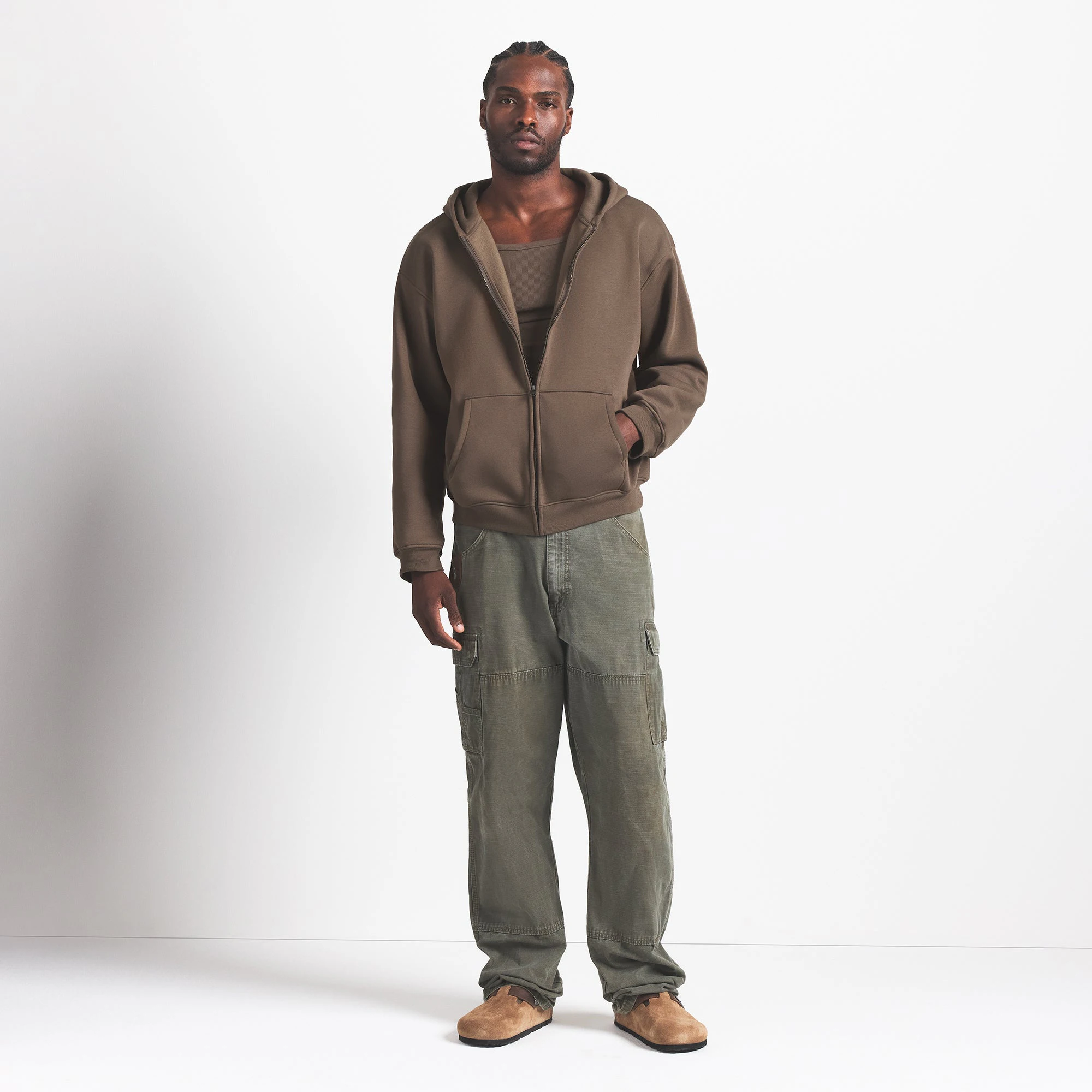 FLEECE LOUNGE MENS RELAXED ZIP UP HOODIE | DRIFTWOOD ON A MODEL FRONT VIEW @ | FOCUS: 0.0, 1.0, 0.9