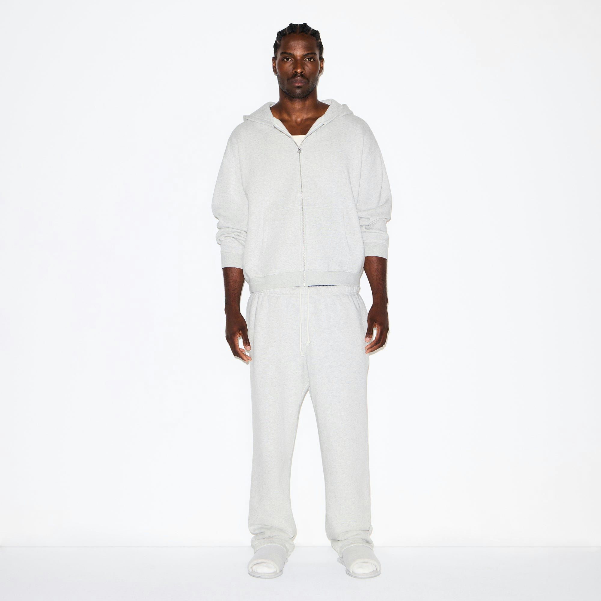 FLEECE LOUNGE MENS RELAXED ZIP UP HOODIE | LIGHT HEATHER GREY ON A MODEL FRONT VIEW @ | FOCUS: 0.0, 1.0, 0.9