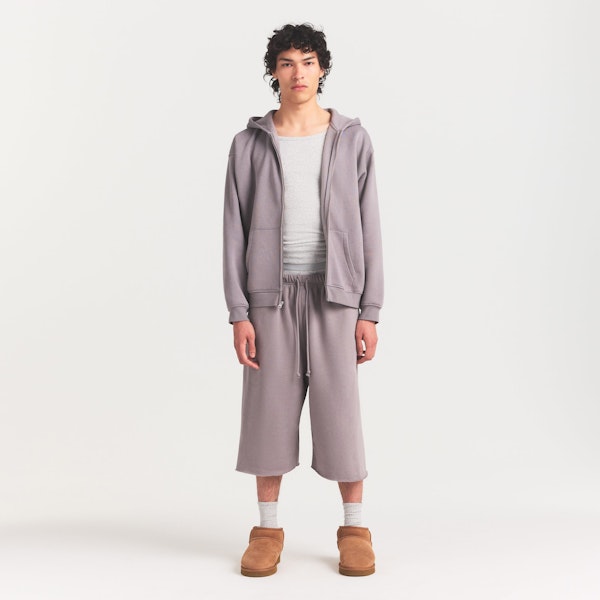 FLEECE LOUNGE MENS RELAXED ZIP UP HOODIE | SHADOW ON A MODEL FRONT VIEW @ | FOCUS: 0.0, 1.0, 0.9