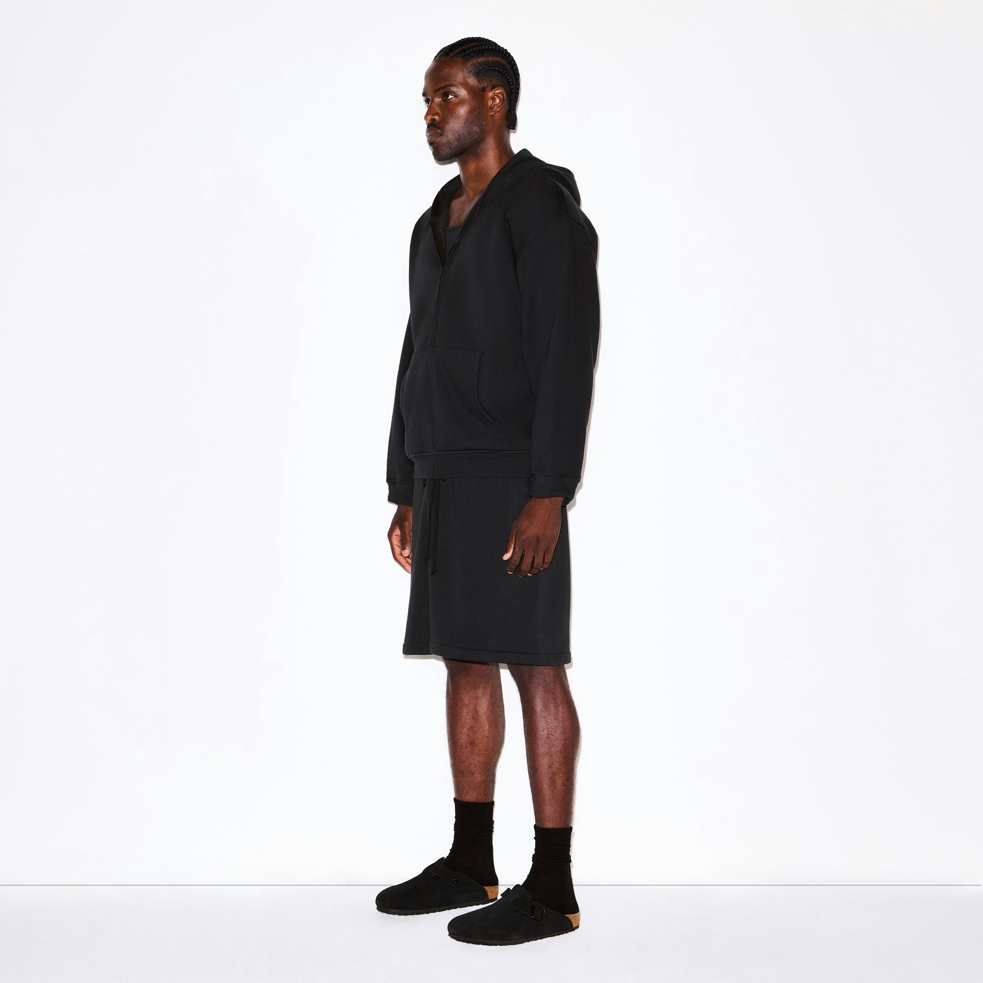 FLEECE LOUNGE MENS RELAXED ZIP UP HOODIE | WASHED ONYX ON A MODEL FRONT VIEW @ | FOCUS: 0.0, 1.0, 0.9