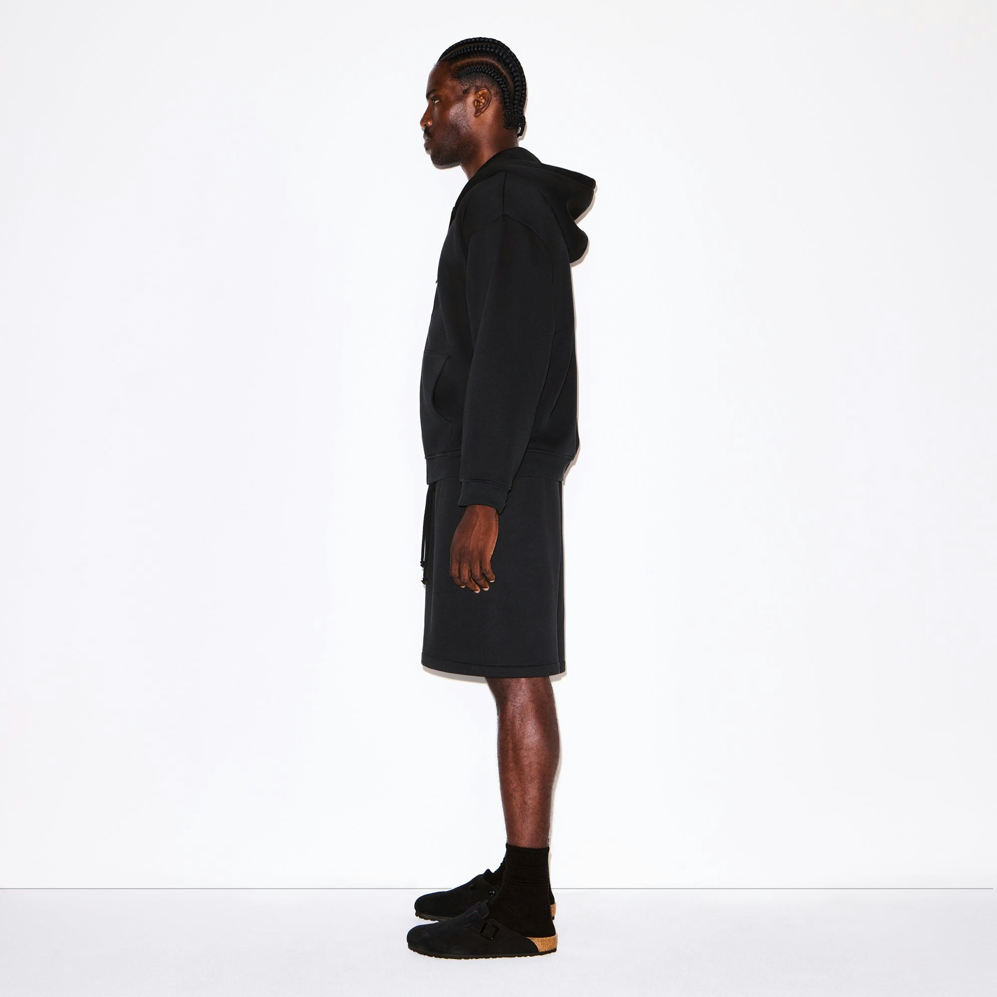 FLEECE LOUNGE MENS RELAXED ZIP UP HOODIE | WASHED ONYX ON A MODEL FRONT VIEW @ | FOCUS: 0.0, 1.0, 0.9