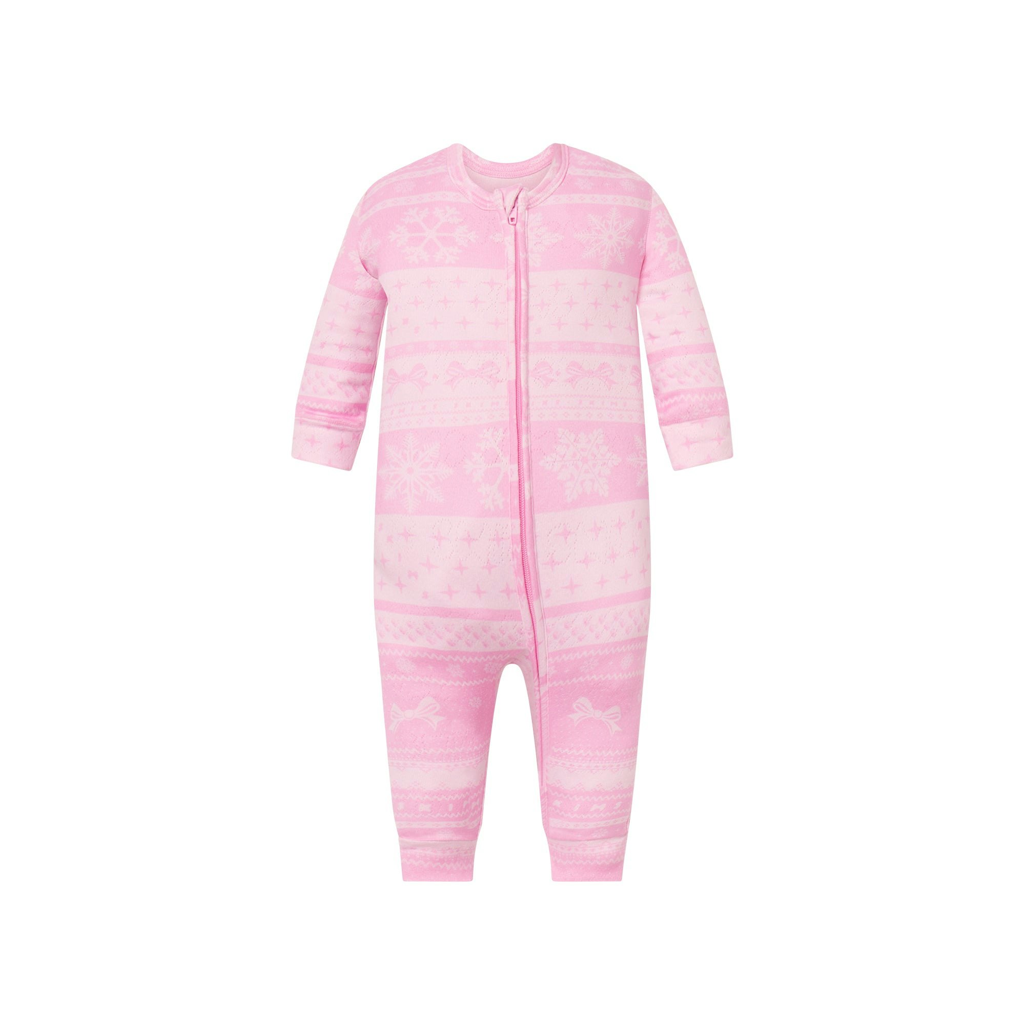 LOGO PLUSH POINTELLE BABY ONESIE | BUBBLE GUM BOW FAIR ISLE FLAT ON A WHITE BACKGROUND | FLT